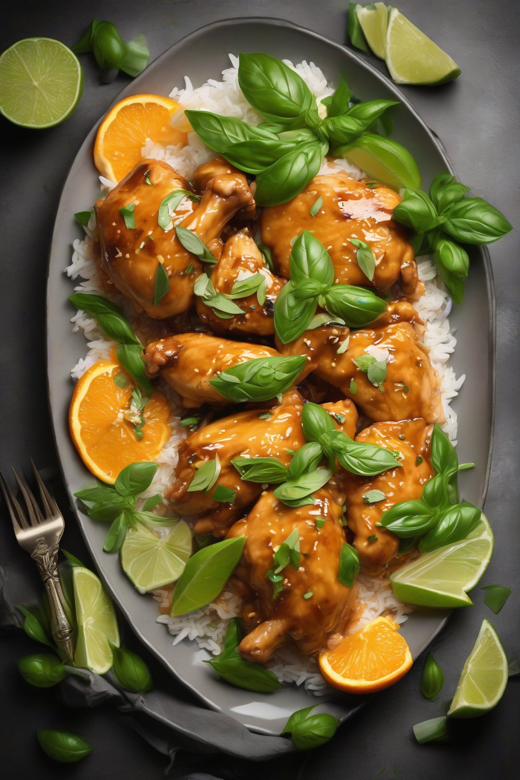 A high-resolution photo of Thai orange chicken topped with fresh basil and lime wedges, aromatic steam rising, under soft lighting.
