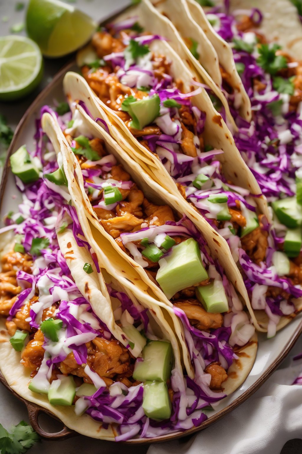 A high-resolution photo of orange chicken tacos open-faced, sauce dripping onto slaw-filled tortillas, under soft lighting.