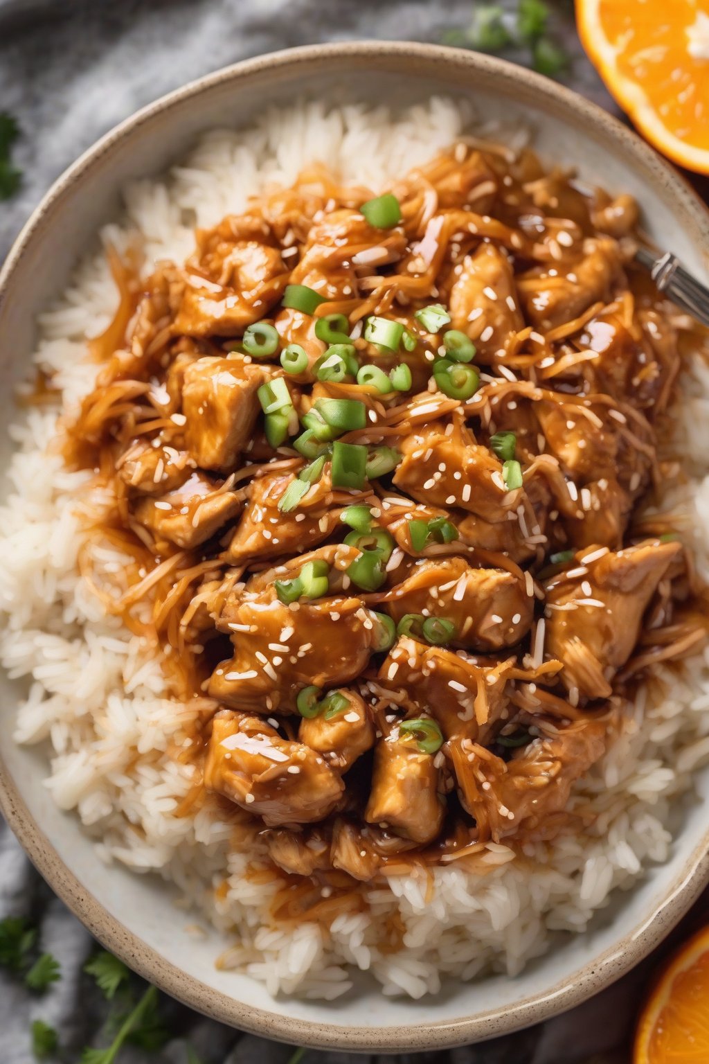 A high-resolution photo of shredded slow cooker orange chicken over rice, fork-tender and saucy, under soft lighting.