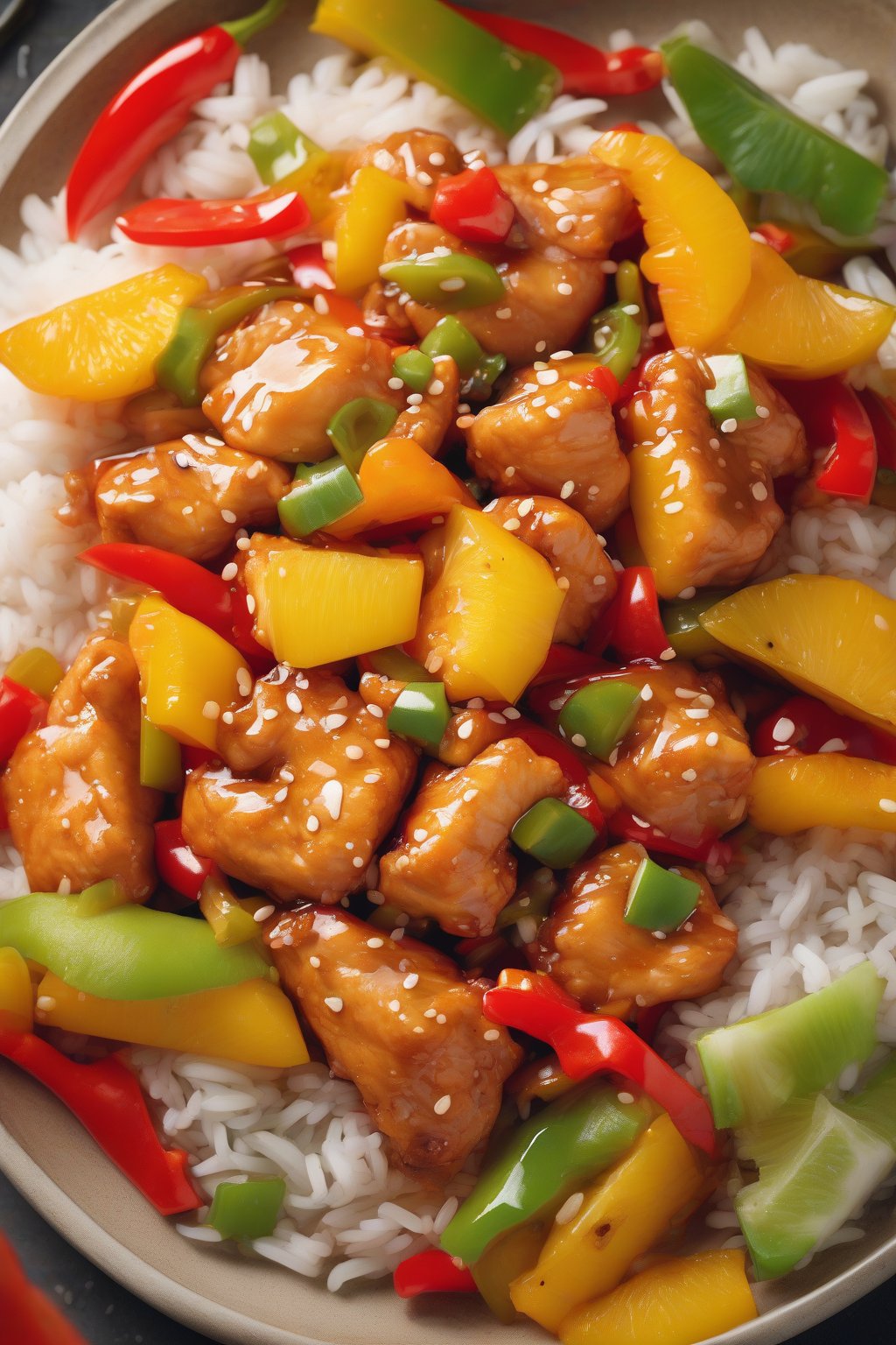 A high-resolution photo of stir-fried orange chicken with juicy pineapple and peppers, vibrant colors, under soft lighting.