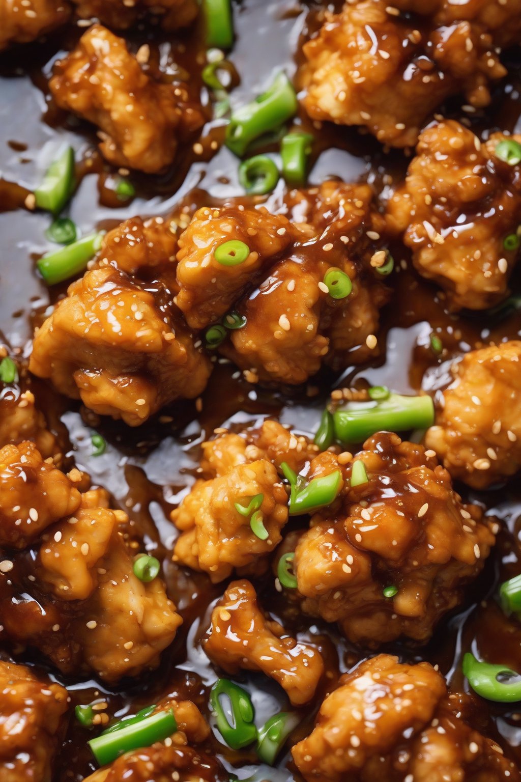 A high-resolution photo of vegan cauliflower orange chicken, golden florets in sticky sauce, under soft lighting.