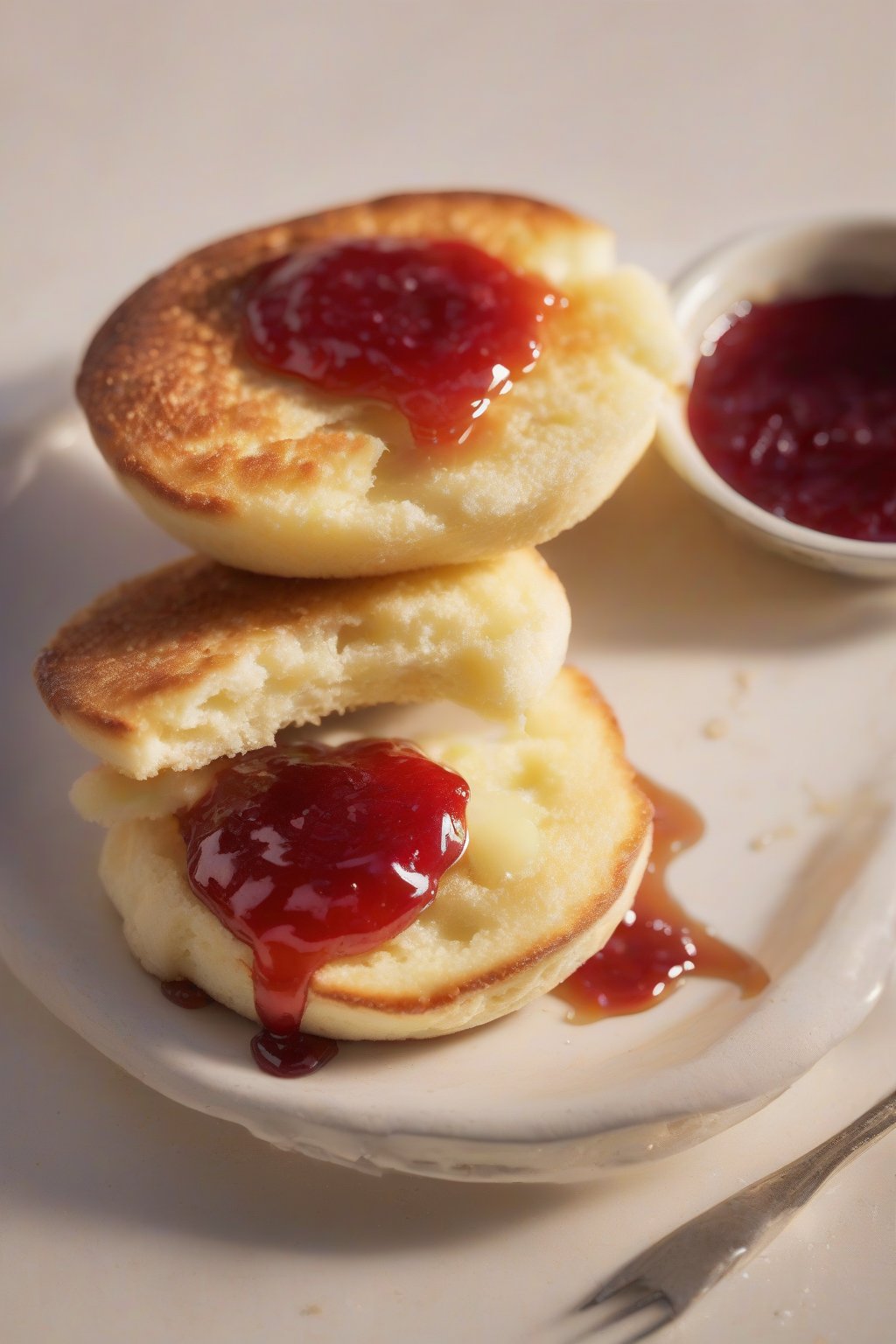 A high-resolution photo of a crusty English muffin split open, glistening with melted butter and vibrant strawberry jam in the nooks, under soft lighting.