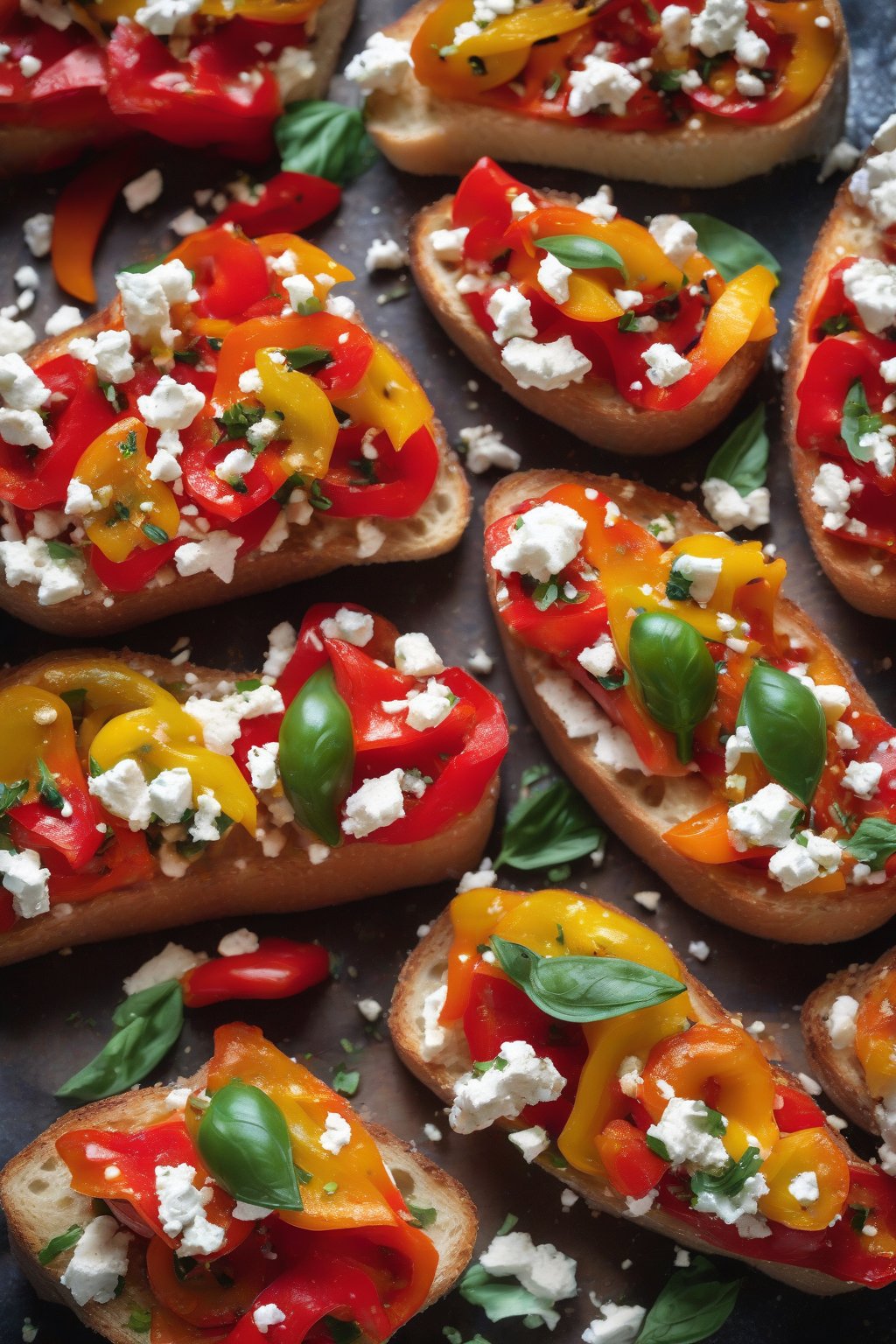 A high-resolution close-up photo of roasted red pepper and feta bruschetta, with colorful peppers and crumbly cheese under soft lighting.