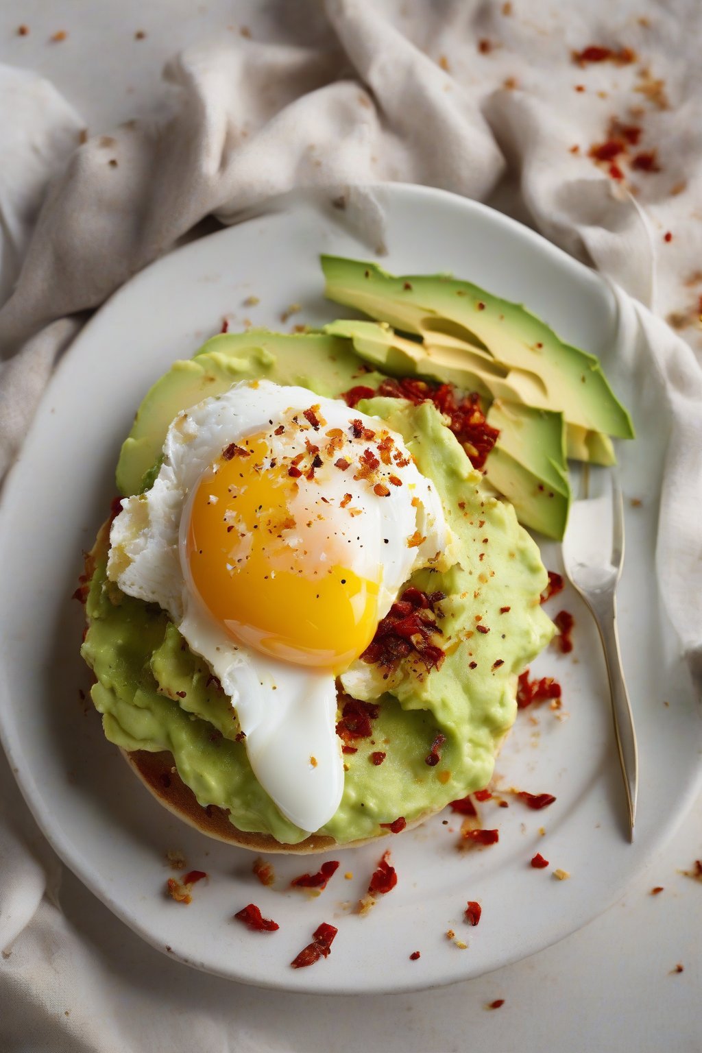 A high-resolution close-up photo of a crusty English muffin topped with smashed green avocado and a runny poached egg, dusted with red chili flakes, under soft lighting.