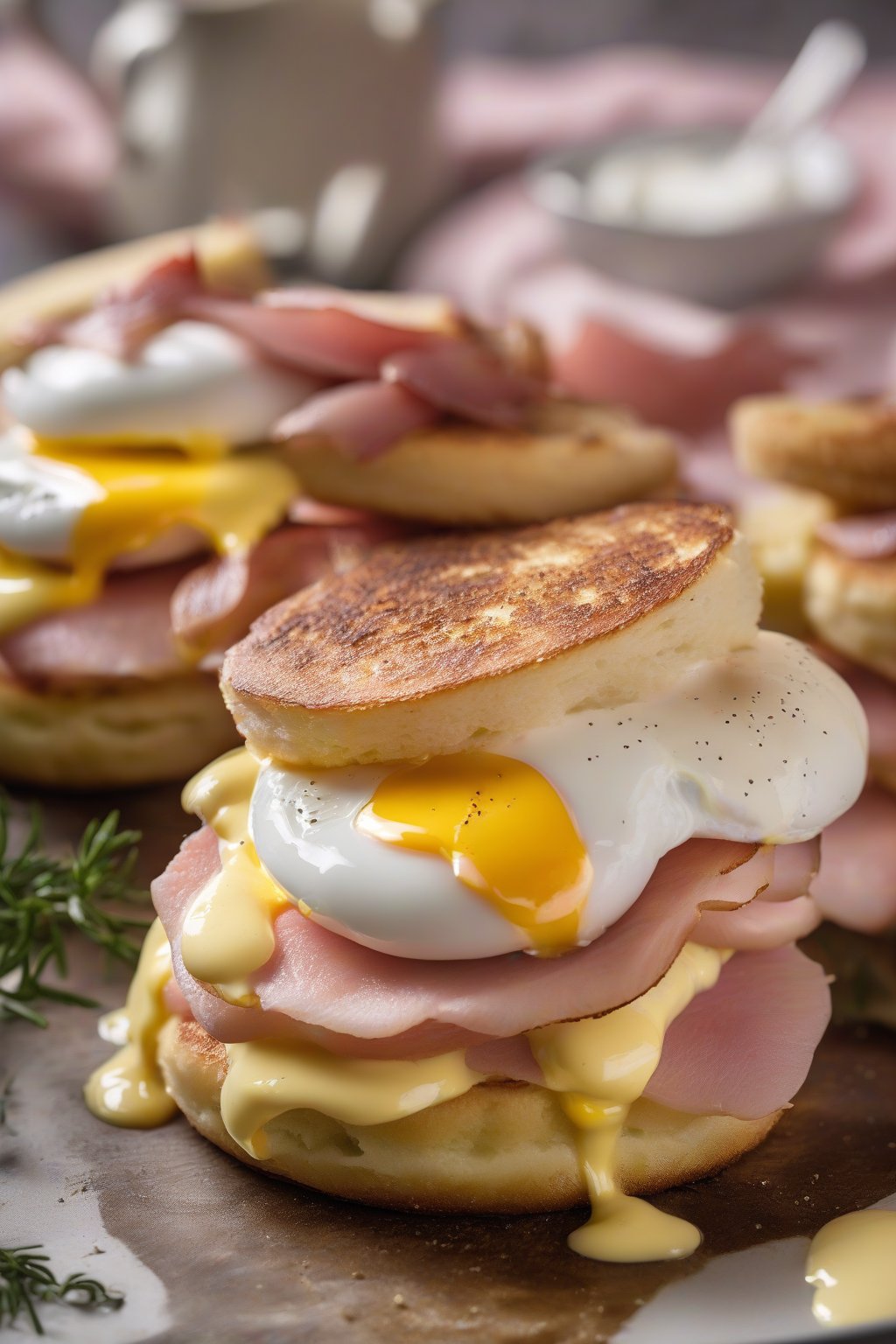 A high-resolution photo of stacked crusty English muffins with poached eggs, pink Canadian bacon, and golden hollandaise dripping down, under soft lighting.