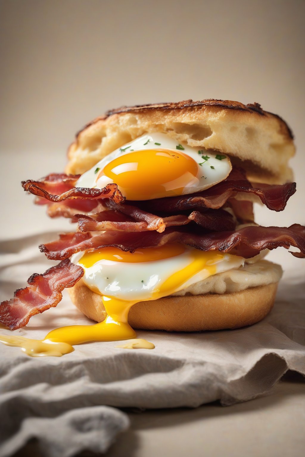 A high-resolution close-up photo of a crusty English muffin sandwich oozing melted cheddar, crispy bacon strips, and a fried egg, under soft lighting.