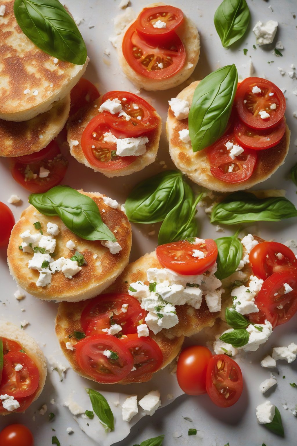 A high-resolution photo of a crusty English muffin piled with juicy red tomato slices, white feta crumbles, and fresh green basil, under soft lighting.