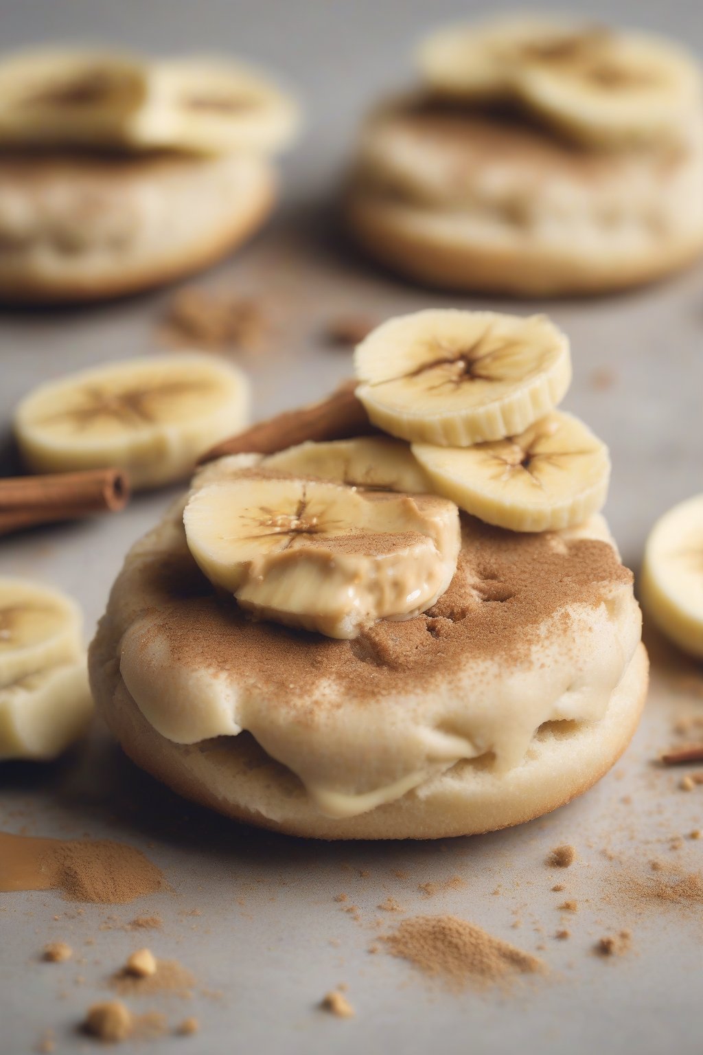A high-resolution close-up photo of a crusty English muffin slathered in creamy peanut butter topped with banana slices and cinnamon dust, under soft lighting.
