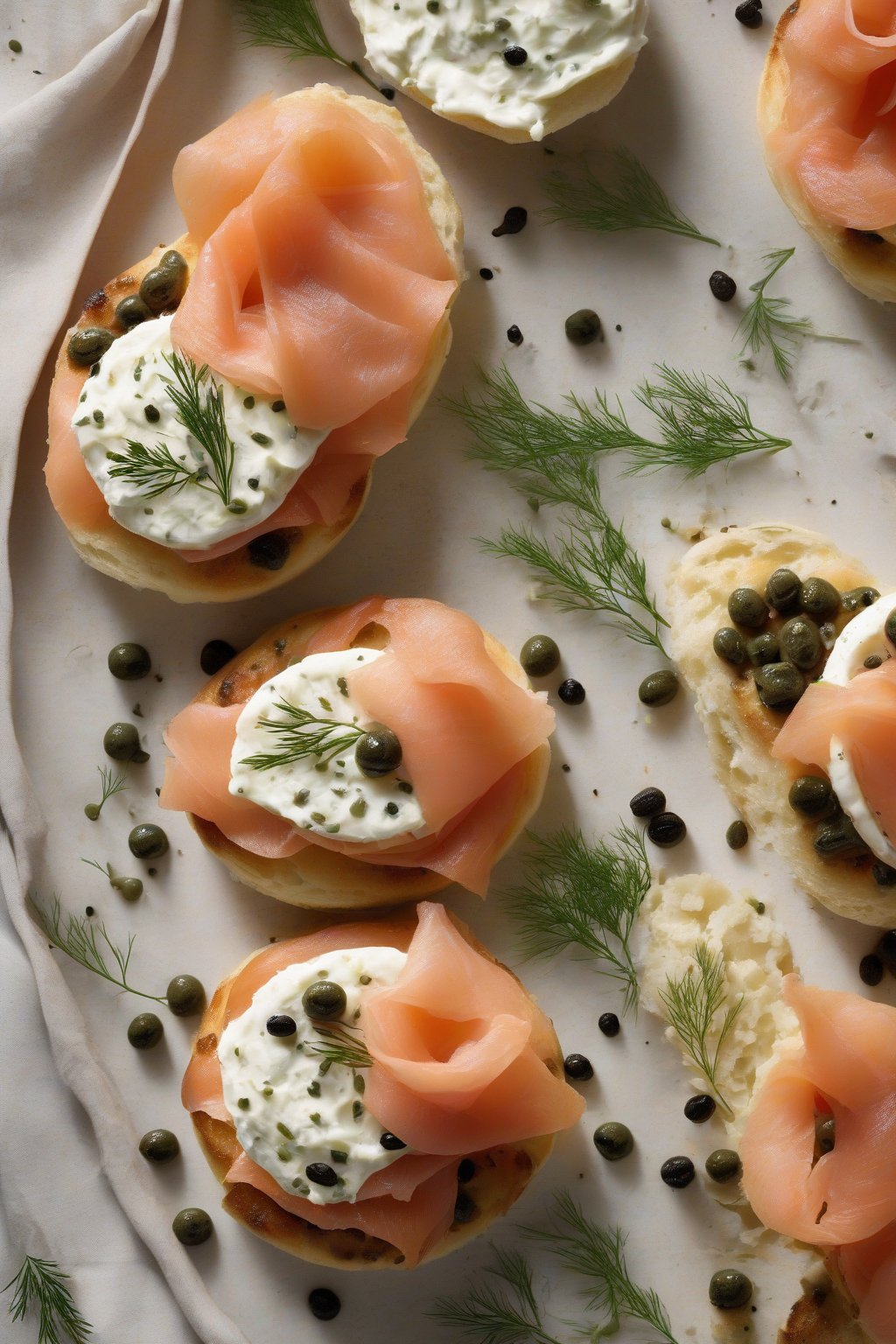 A high-resolution photo of a crusty English muffin with swirled cream cheese, rosy smoked salmon folds, black capers, and dill sprigs, under soft lighting.