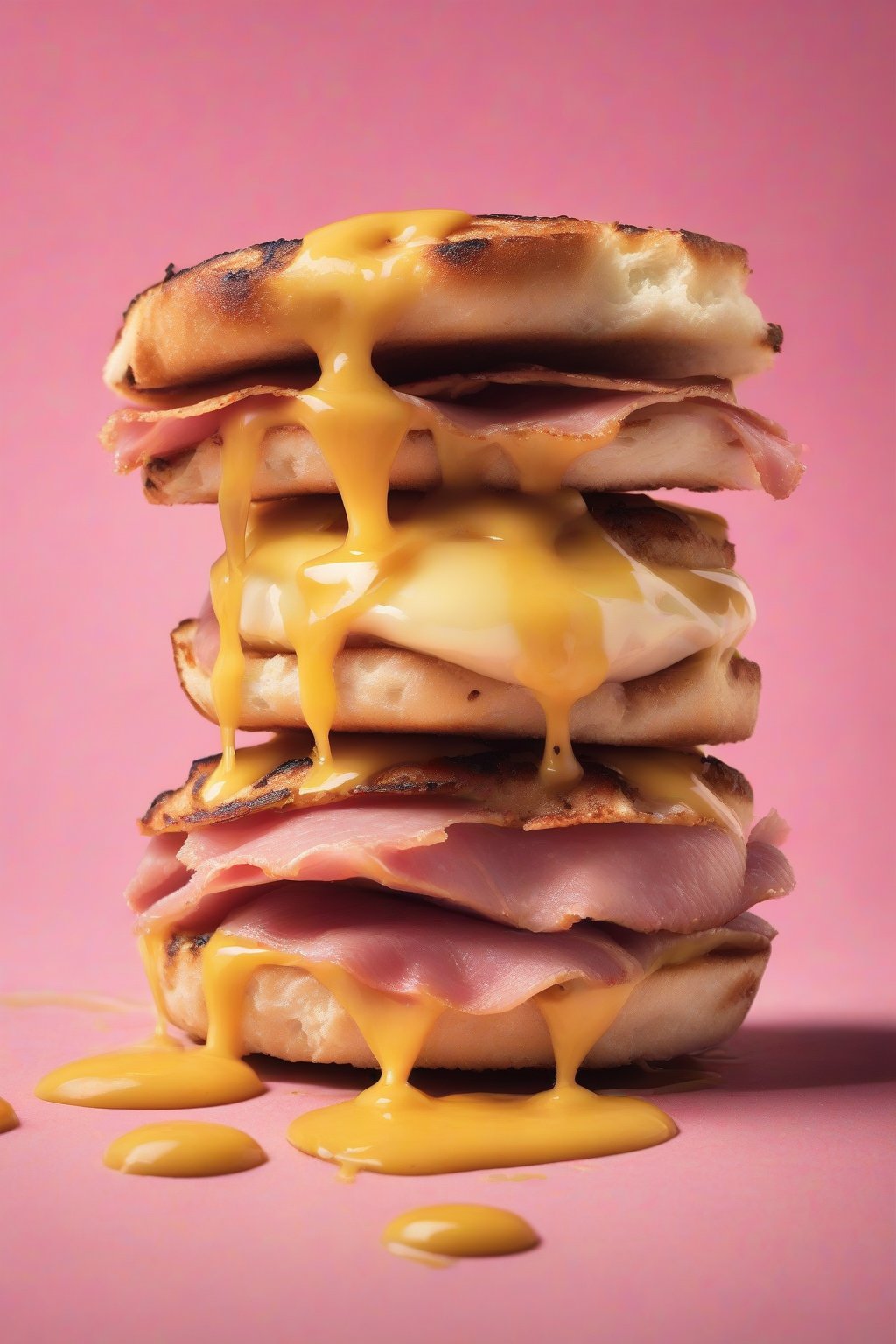 A high-resolution close-up photo of a crusty grilled English muffin with melted Swiss cheese over pink ham slices and mustard streaks, under soft lighting.