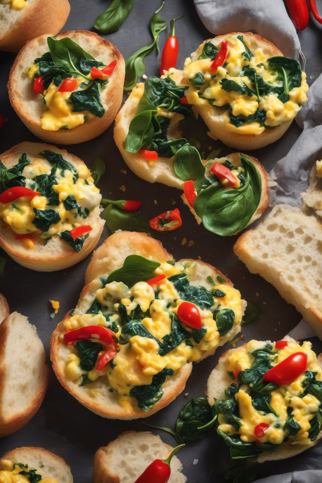 A high-resolution photo of a crusty English muffin cup overflowing with colorful scrambled eggs, green spinach, and red peppers, under soft lighting.