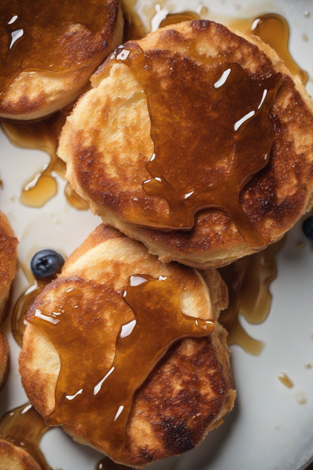 A high-resolution close-up photo of crusty cinnamon French toast English muffins stacked, drizzled with maple syrup, under soft lighting.
