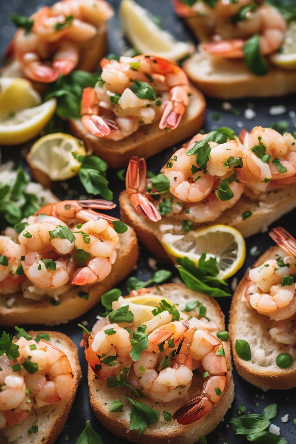 A high-resolution close-up photo of garlic shrimp bruschetta, featuring plump shrimp and lemon zest under soft lighting.