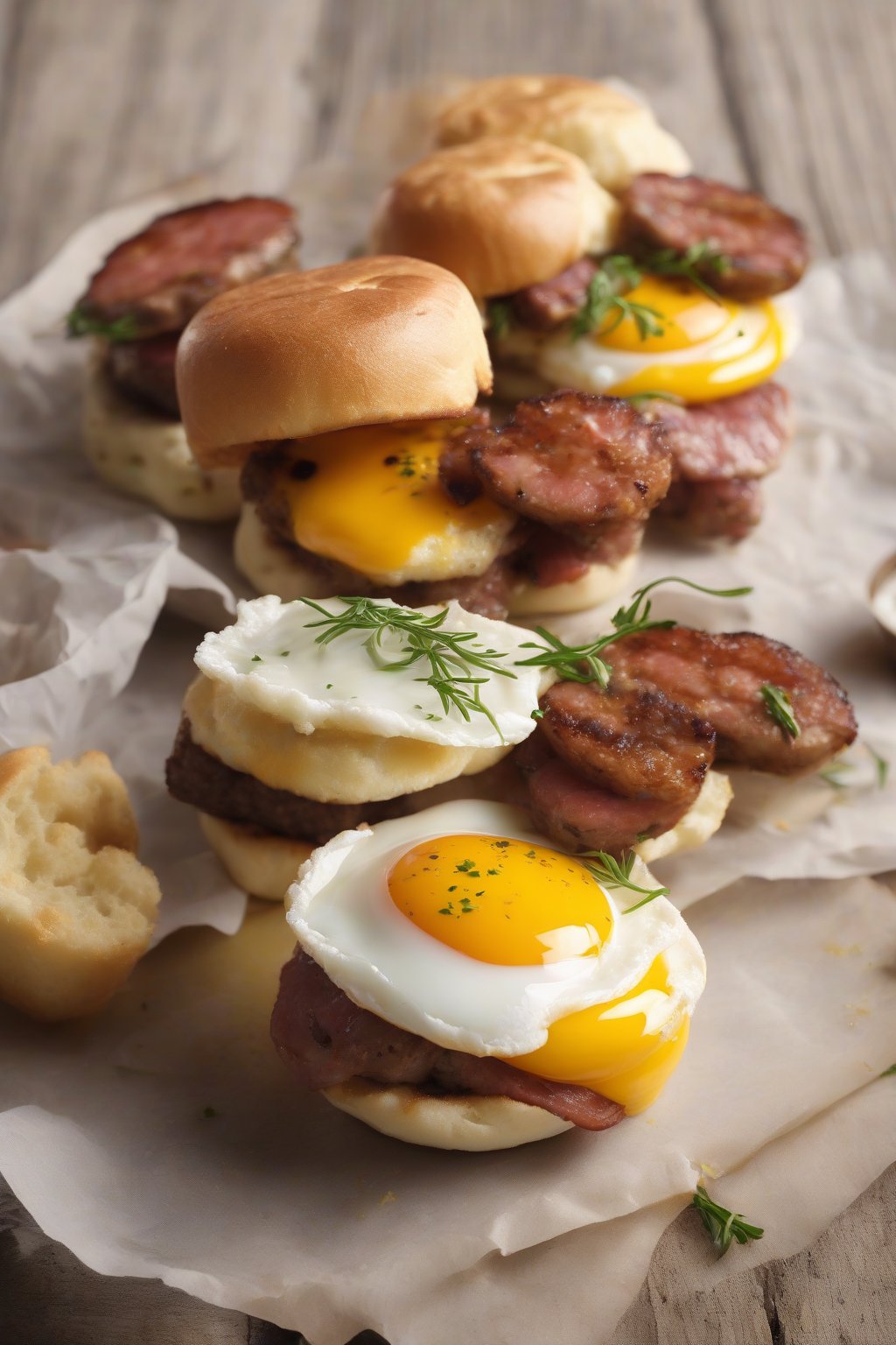 A high-resolution close-up photo of a mini crusty English muffin slider with juicy sausage patty, fried egg, and maple mustard, under soft lighting.