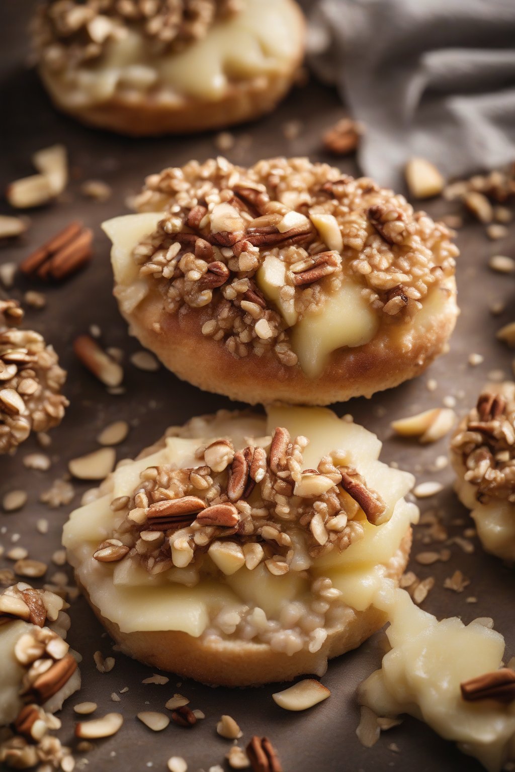 A high-resolution photo of a crusty English muffin crowned with steamy cinnamon apple oat topping and chopped nuts, under soft lighting.