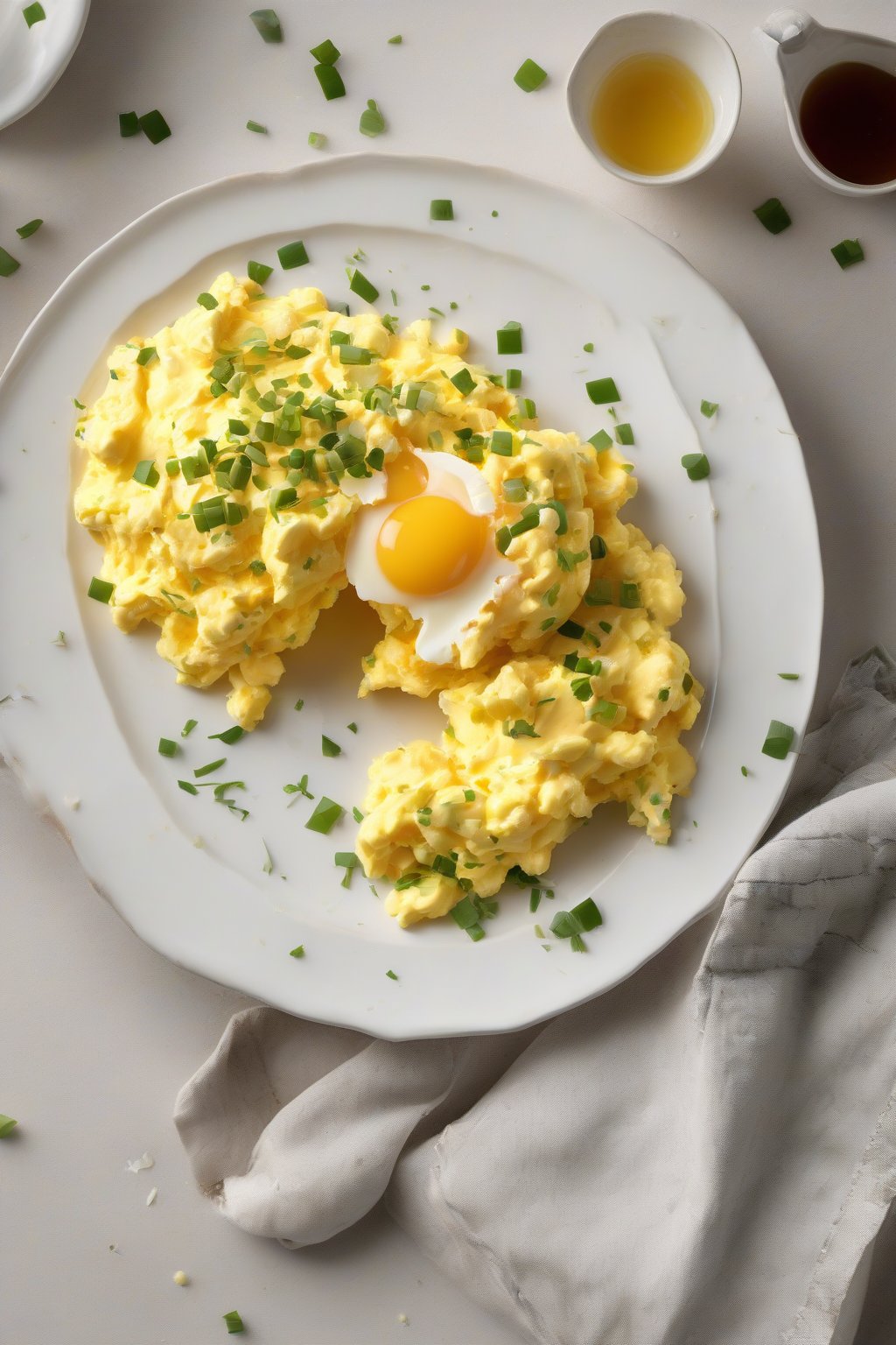 A high-resolution photo of fluffy scrambled eggs on a white plate with golden hues, topped with fresh chives, under soft lighting.