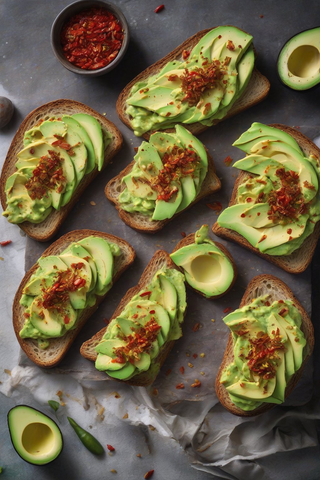A high-resolution photo of creamy green avocado toast on rustic bread, sprinkled with red chili flakes, under soft lighting.