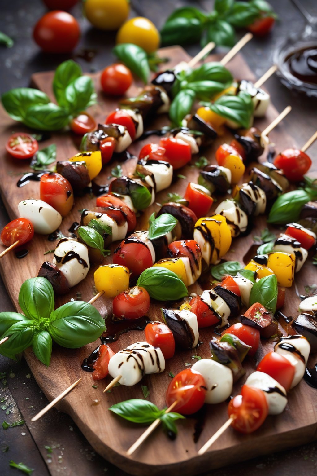 A high-resolution photo of colorful Caprese salad skewers on a wooden board, glistening with balsamic glaze, under soft lighting.