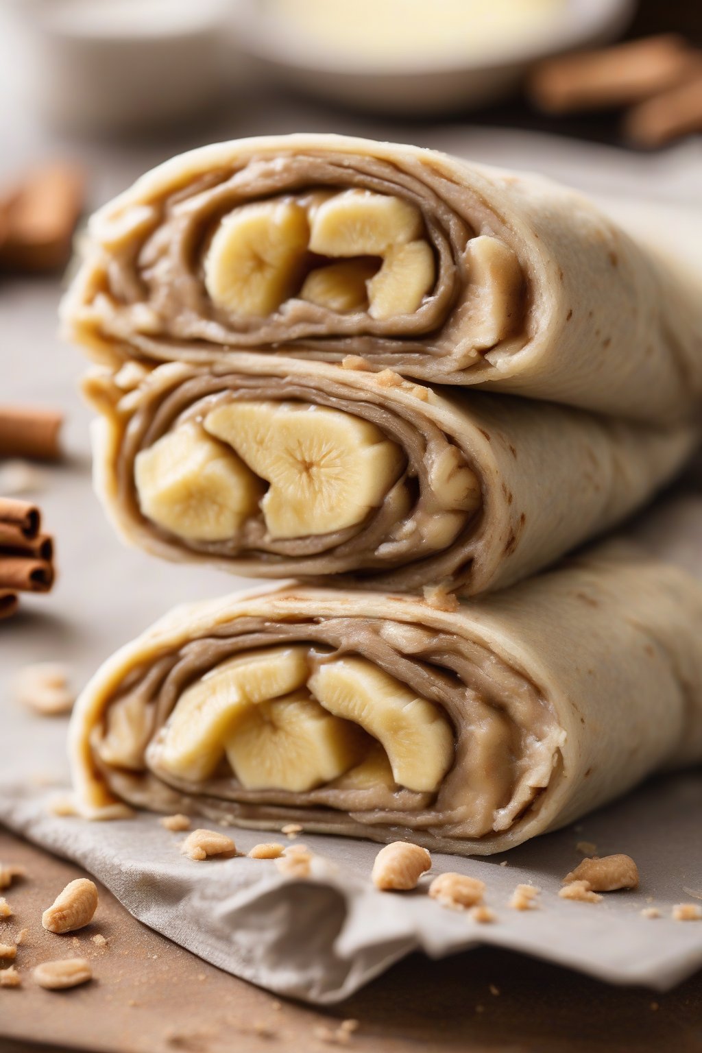 A high-resolution photo of sliced peanut butter banana wraps revealing creamy filling, dusted with cinnamon, under soft lighting.