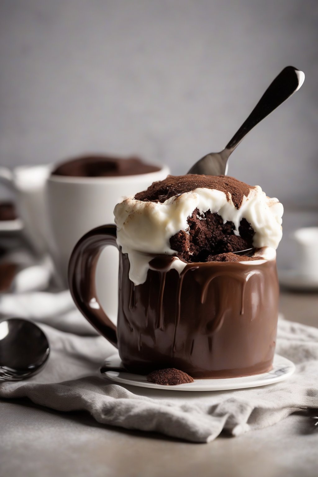 A high-resolution photo of a warm chocolate mug cake puffed high in a white mug, with a fork breaking the surface, under soft lighting.