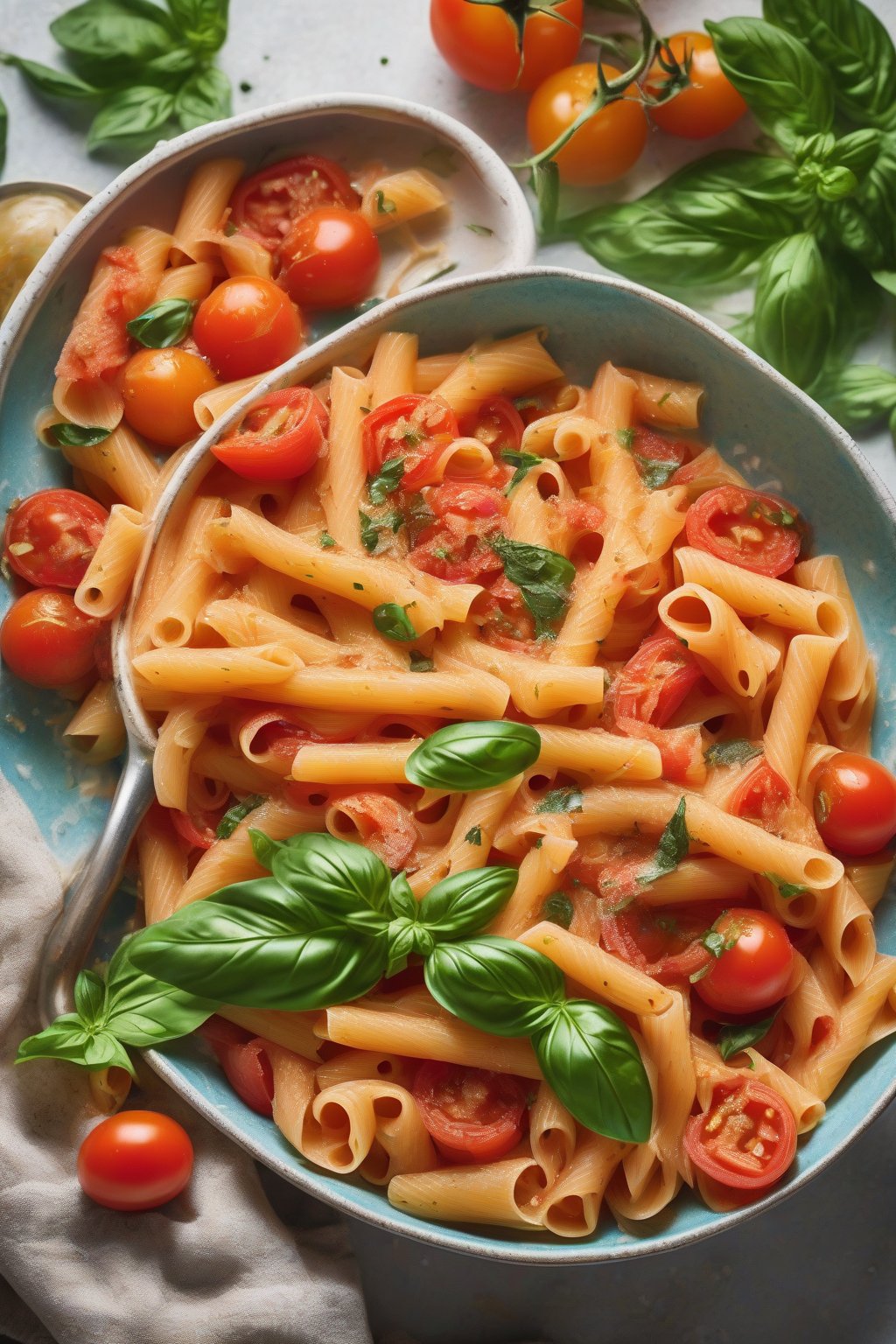 A high-resolution photo of steaming one-pot tomato pasta in a colorful bowl, garnished with basil, under soft lighting.