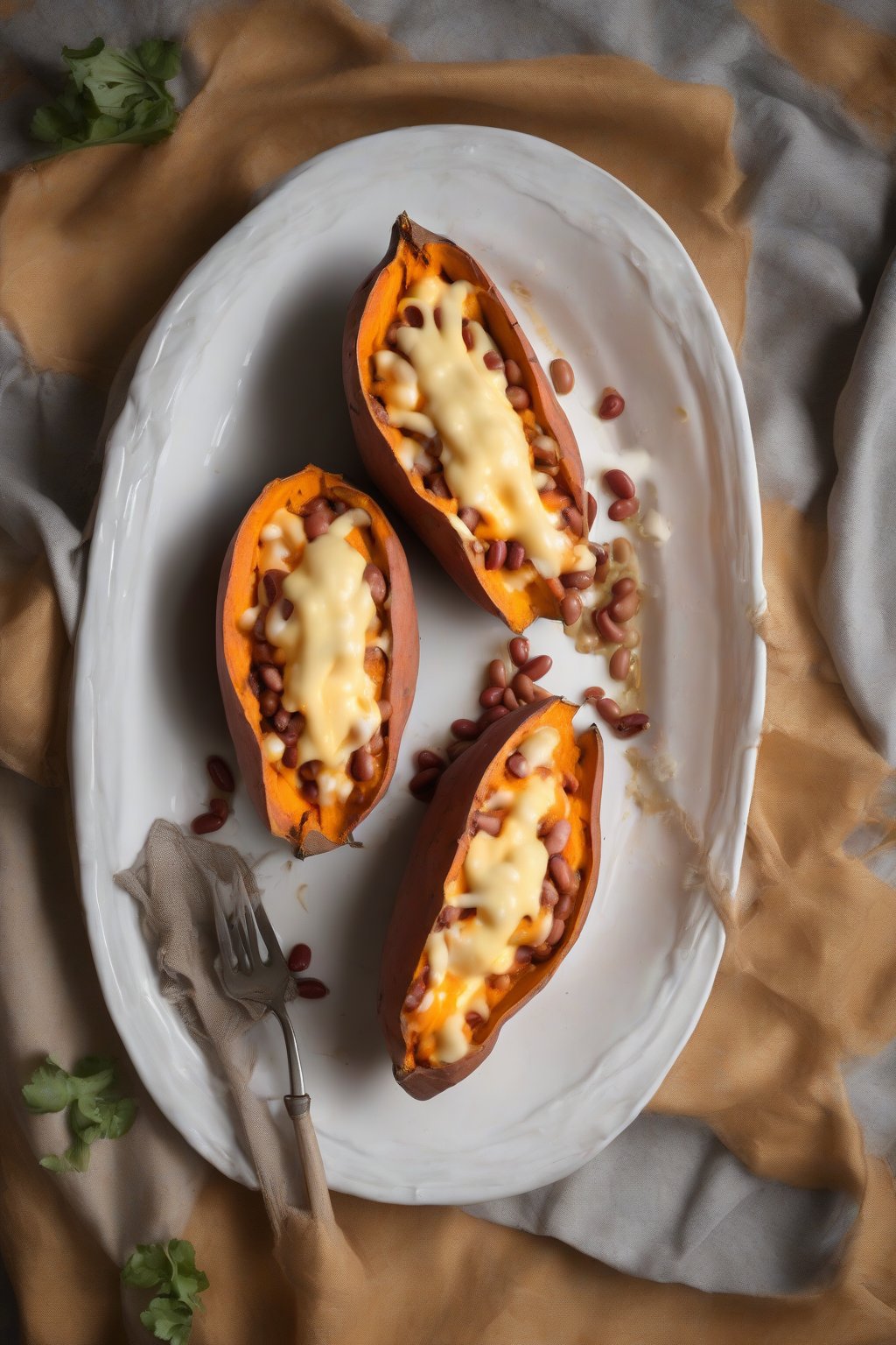 A high-resolution photo of a split baked sweet potato overflowing with melty cheese and beans, under soft lighting.