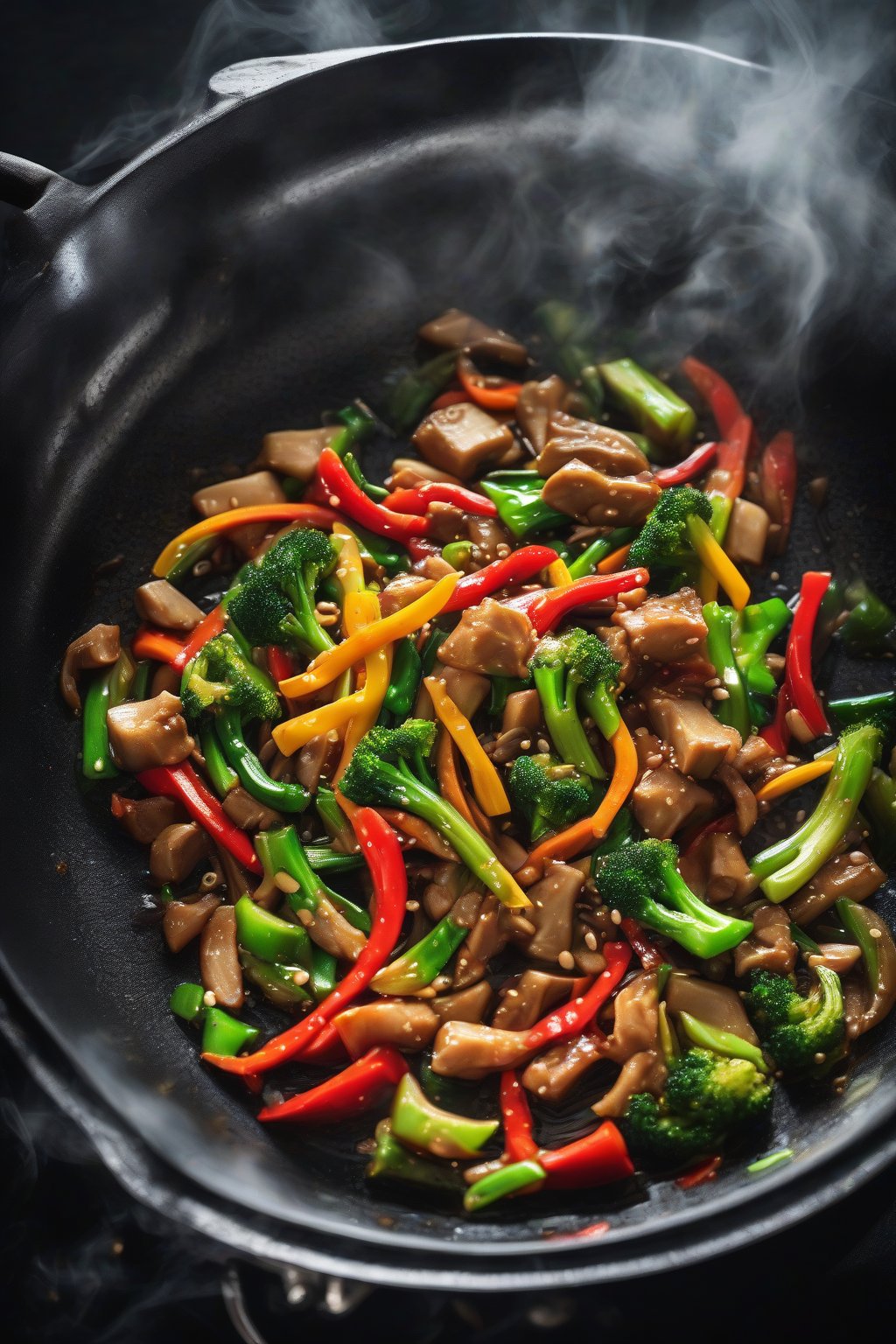 A high-resolution photo of vibrant veggie stir-fry in a wok with steam rising, glossy from soy sauce, under soft lighting.