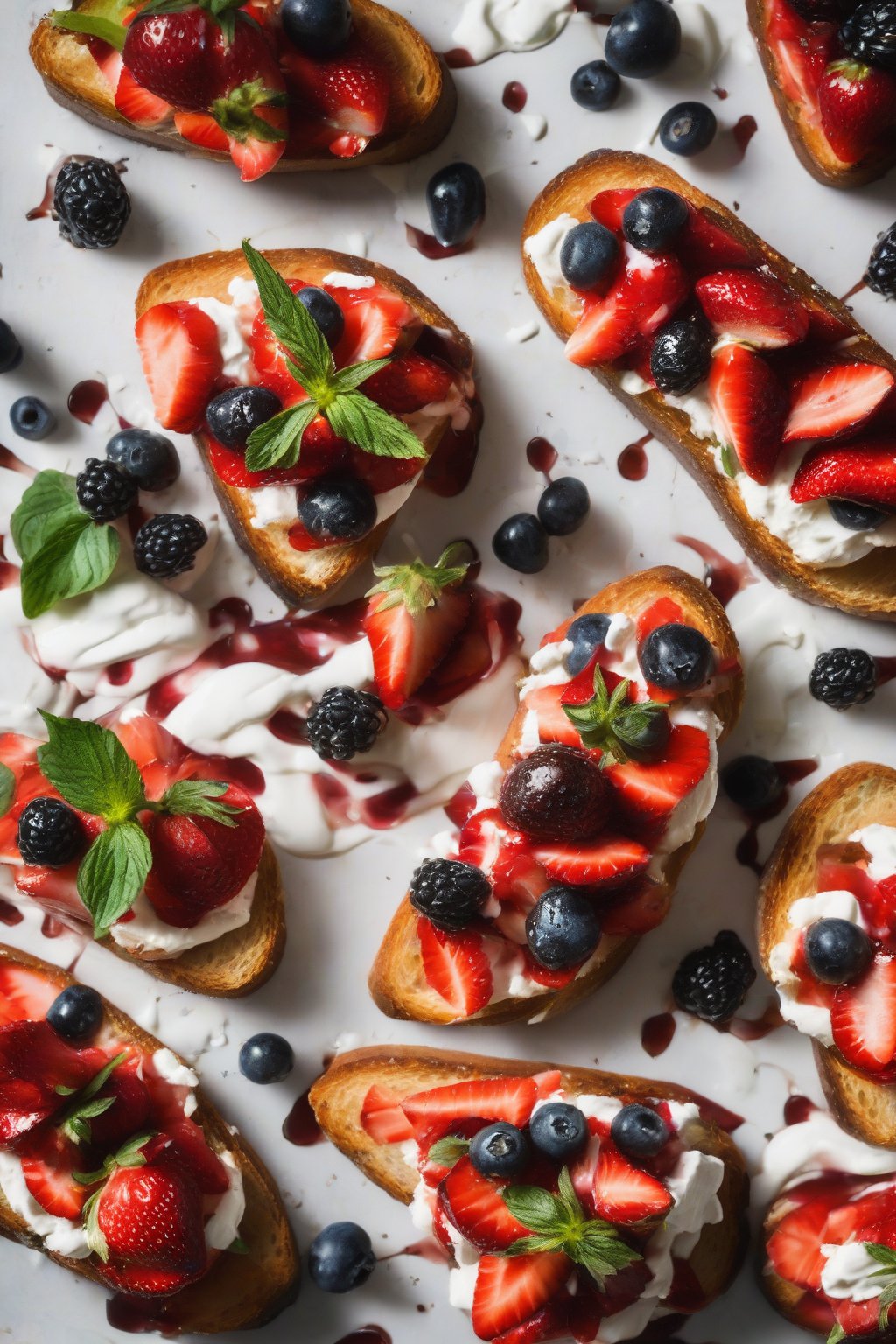 A high-resolution close-up photo of strawberry balsamic bruschetta, with glossy berries and ricotta dollops under soft lighting.