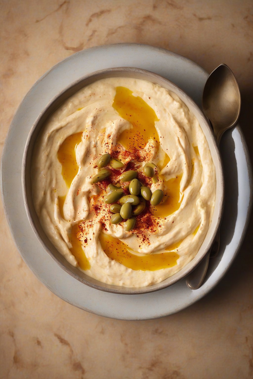 A high-resolution photo of smooth homemade hummus in a bowl with olive oil drizzle and paprika, under soft lighting.