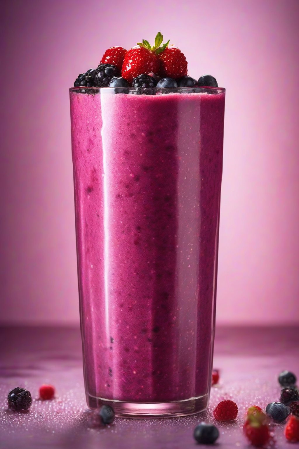 A high-resolution photo of a thick berry smoothie in a tall glass with berries on top, condensation beads, under soft lighting.