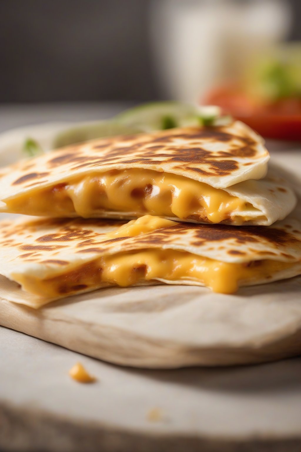 A high-resolution photo of a golden cheesy quesadilla cut in half, cheese oozing, under soft lighting.