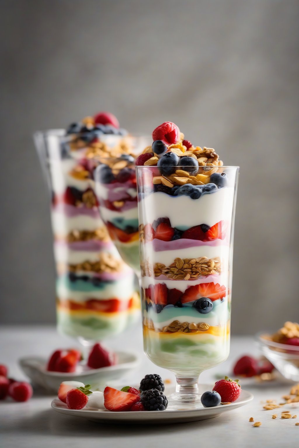 A high-resolution photo of layered yogurt parfait in a clear glass showing colorful strata, under soft lighting.