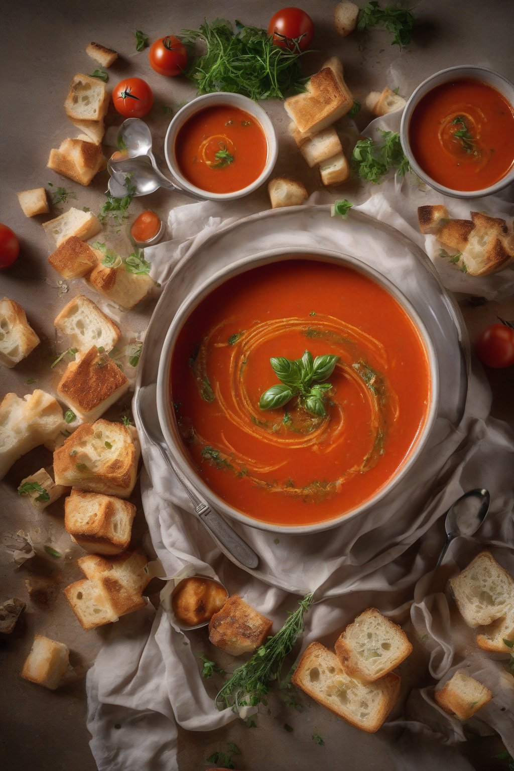 A high-resolution photo of steaming tomato soup in a bowl with herb swirl and croutons, under soft lighting.