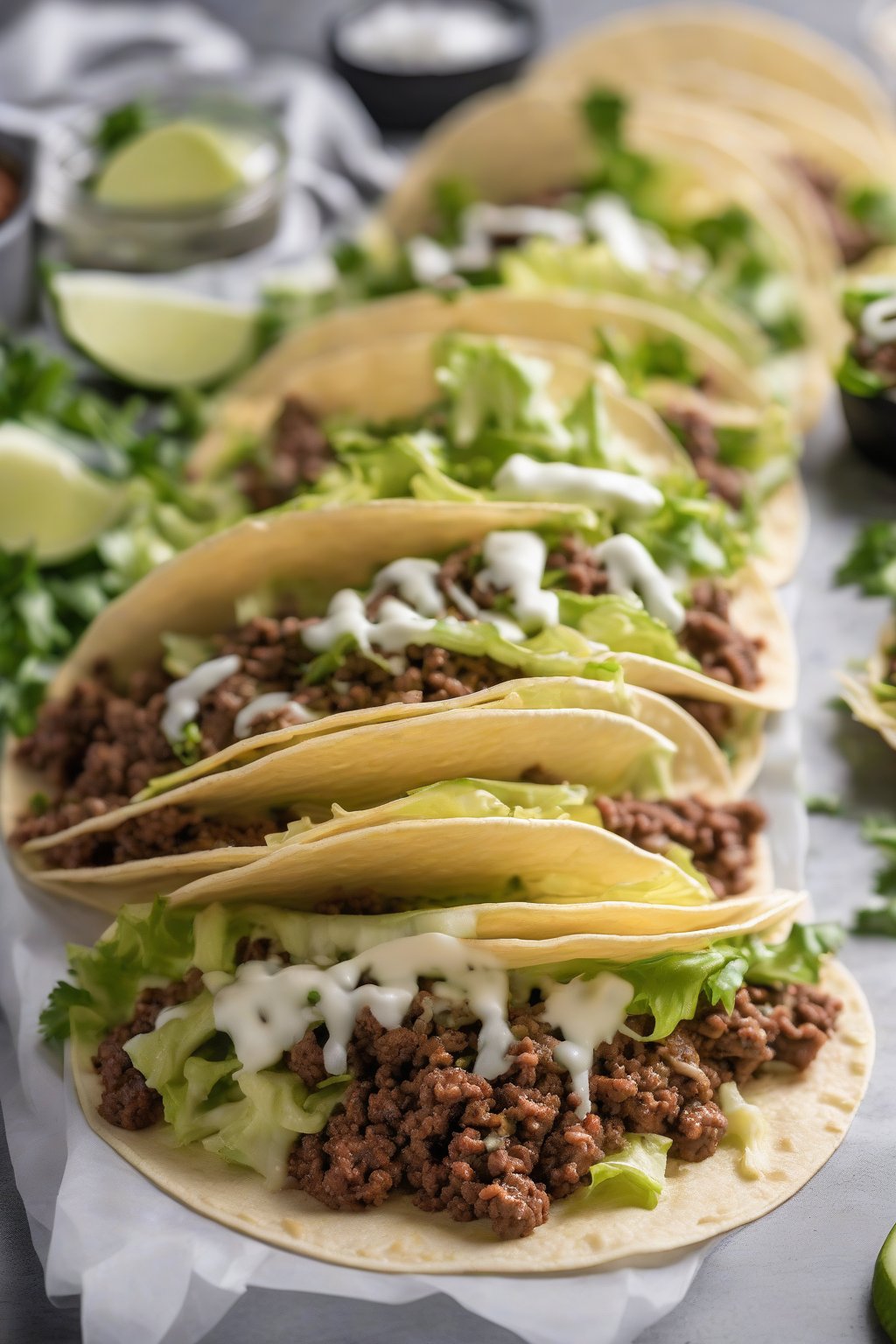A high-resolution photo of seasoned ground beef tacos topped with lettuce and cheese under soft lighting.