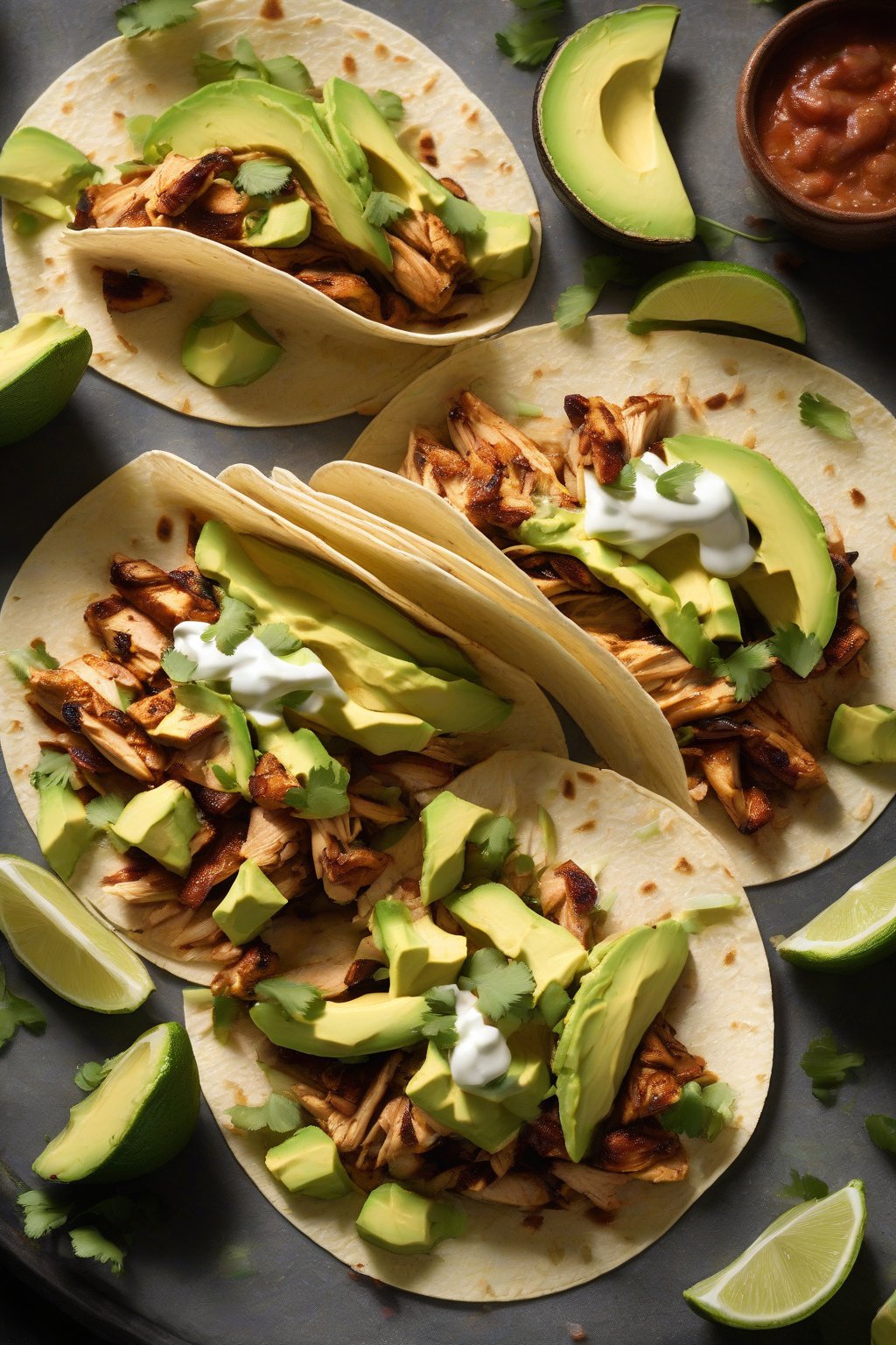 A high-resolution photo of smoky chipotle chicken tacos with avocado slices under soft lighting.