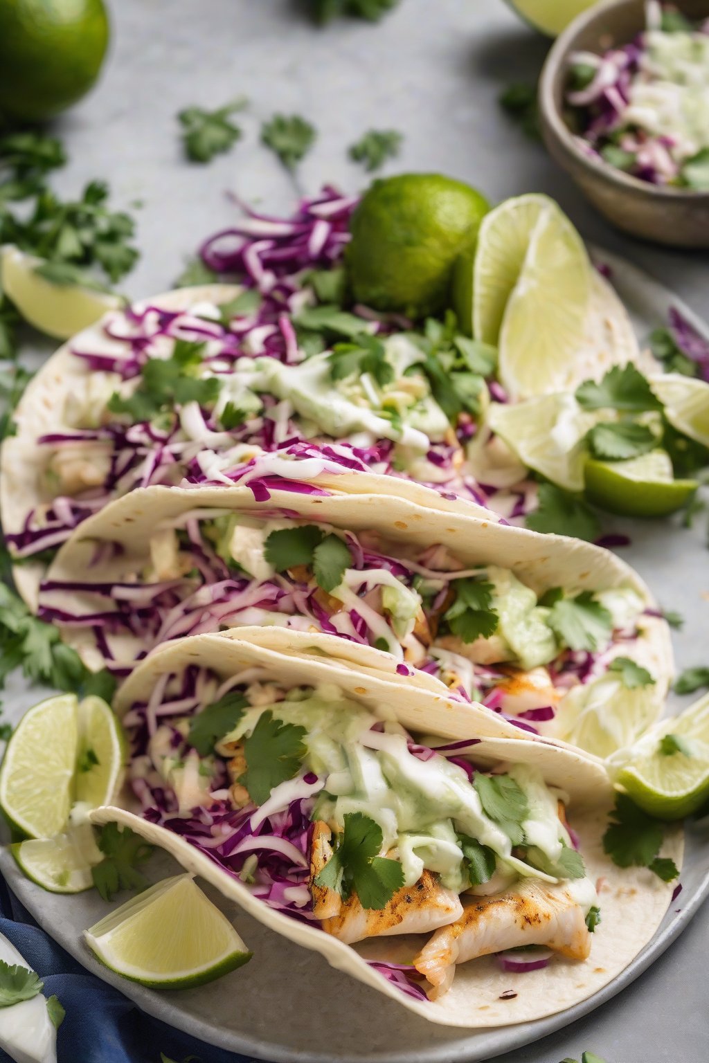 A high-resolution photo of lime cilantro fish tacos with fresh slaw under soft lighting.