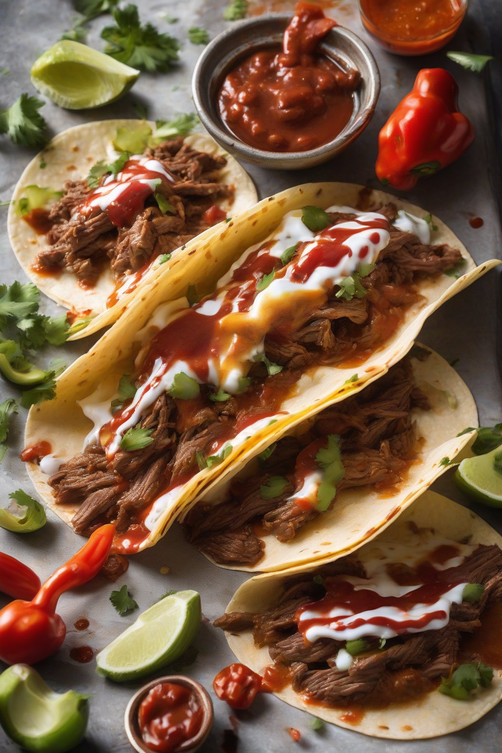 A high-resolution photo of spicy habanero beef tacos dripping with sauce under soft lighting.