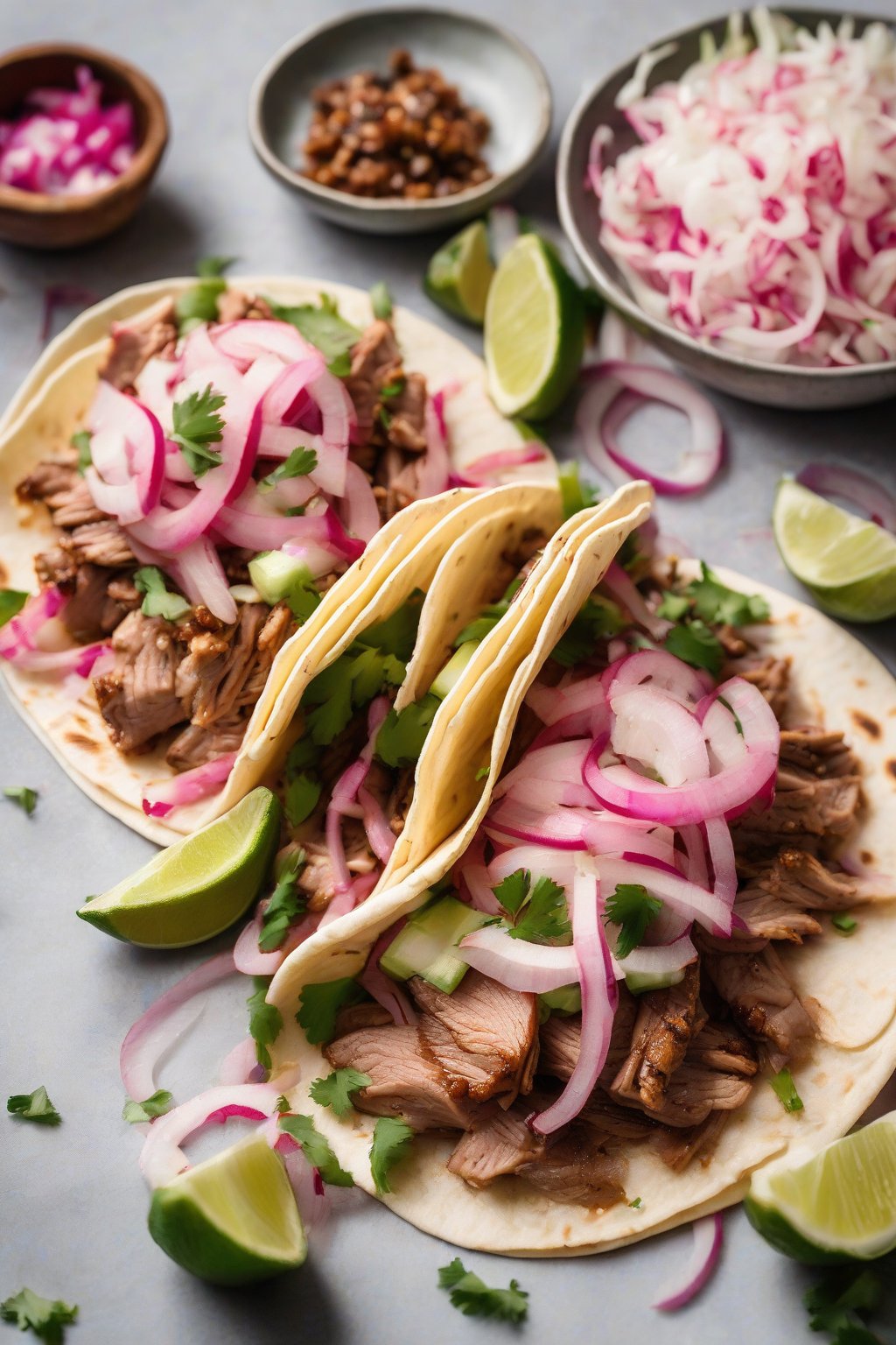A high-resolution photo of garlic pork tacos with pickled onions under soft lighting.