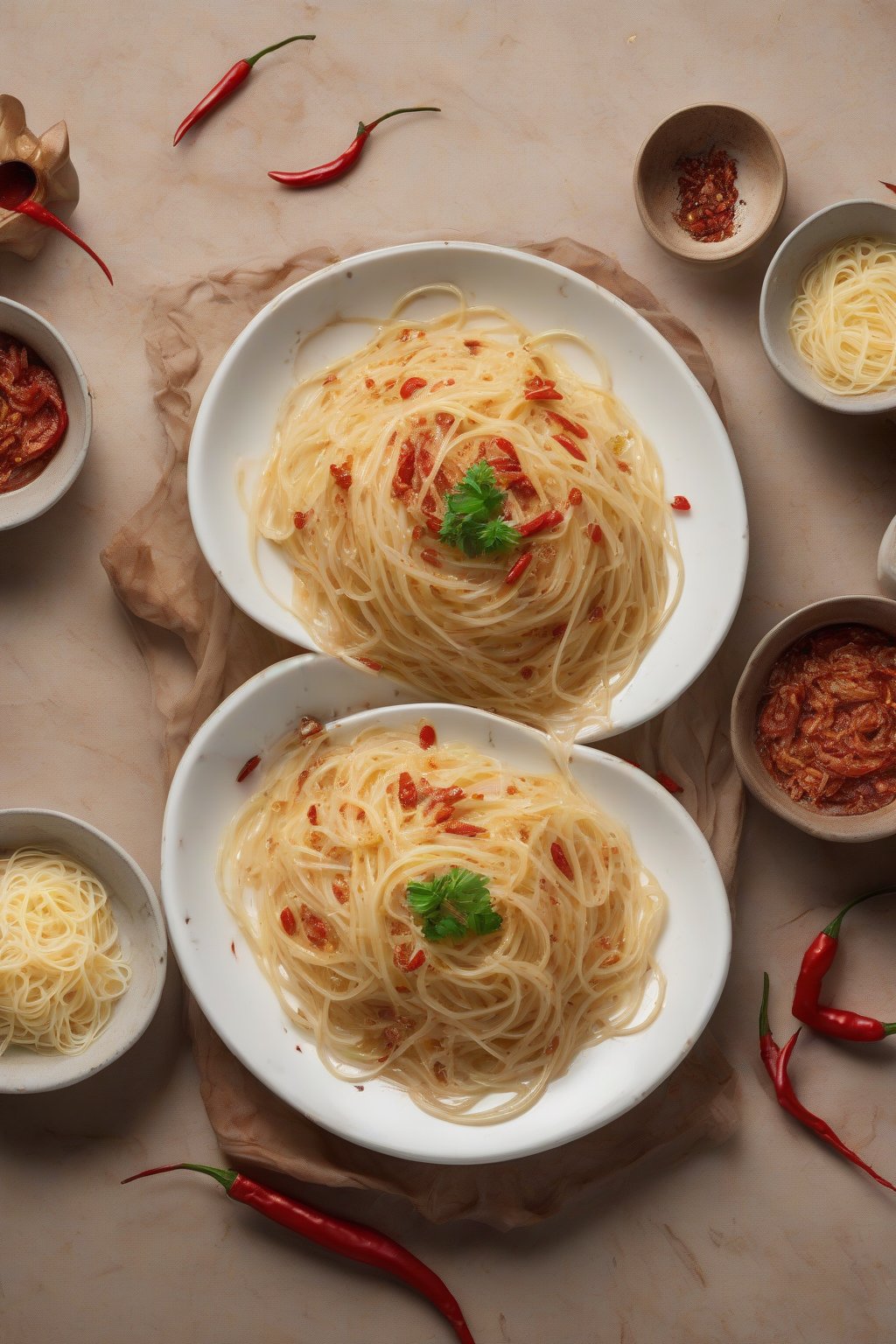 A high-resolution photo of vermicelli carbonara with red chili flecks, glossy and spicy-looking, under soft lighting.
