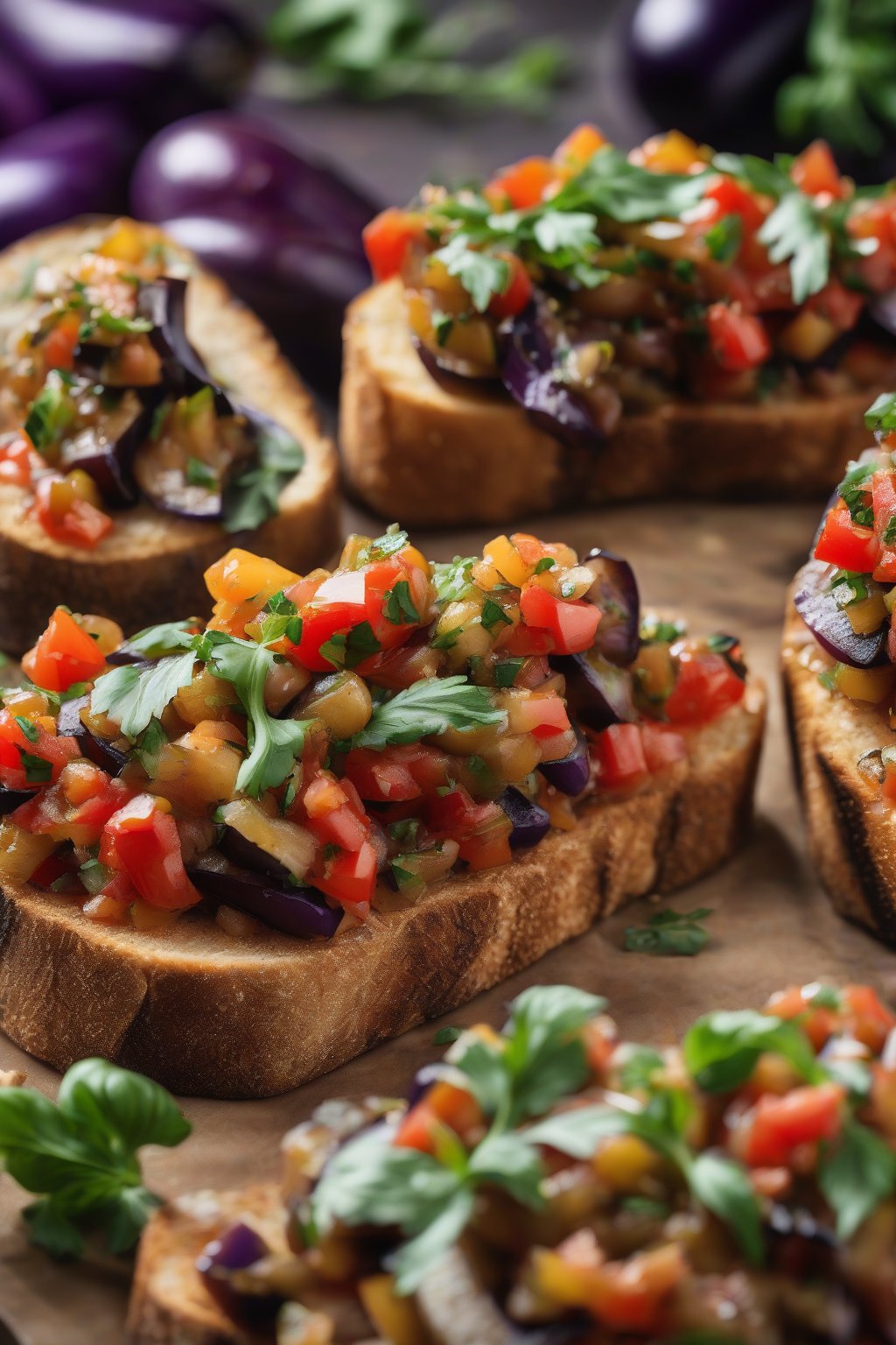 A high-resolution close-up photo of eggplant caponata bruschetta, piled high with chunky relish under soft lighting.