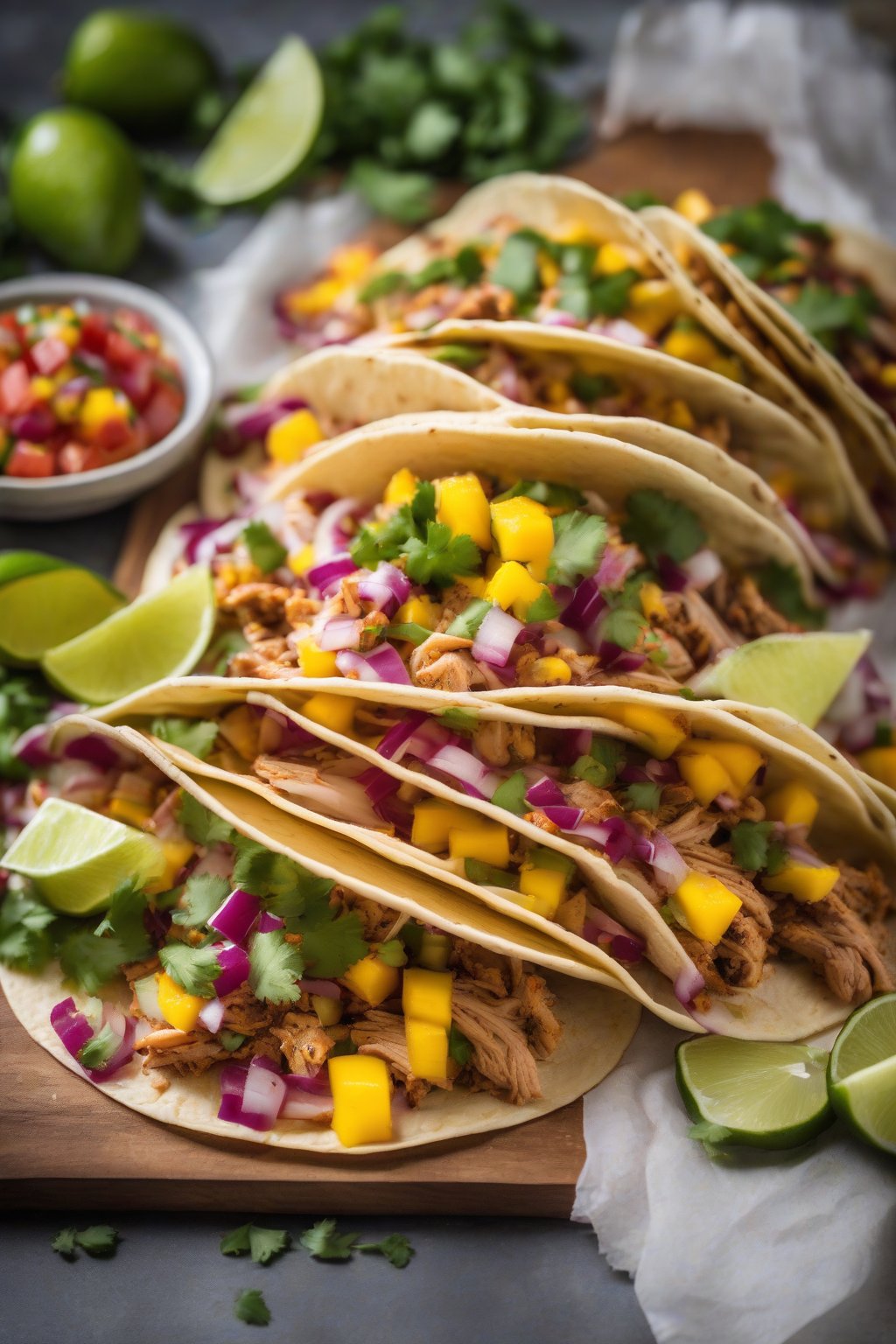 A high-resolution photo of sweet and spicy turkey tacos with mango salsa under soft lighting.