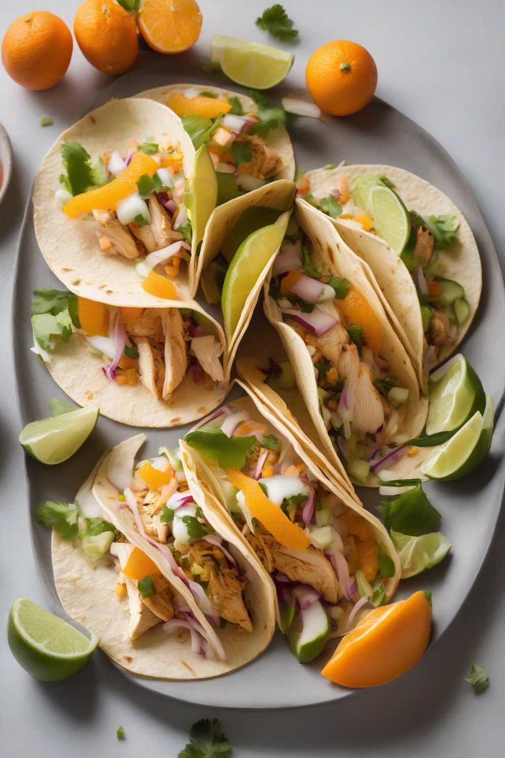A high-resolution photo of citrus chicken tacos garnished with oranges under soft lighting.