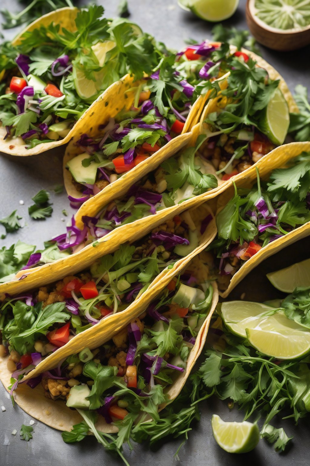A high-resolution photo of herb veggie tacos with fresh greens under soft lighting.