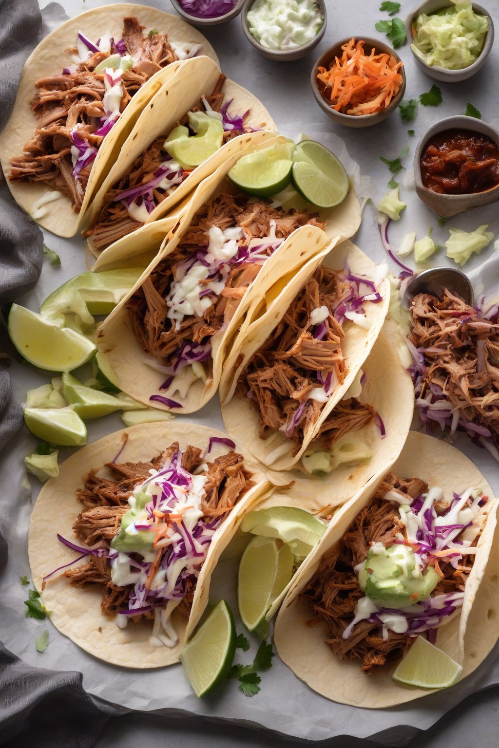 A high-resolution photo of BBQ pulled pork tacos with coleslaw under soft lighting.