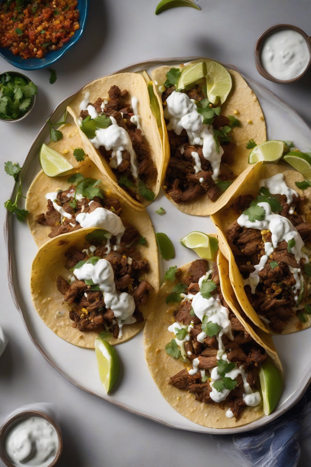 A high-resolution photo of Moroccan lamb tacos with yogurt drizzle under soft lighting.