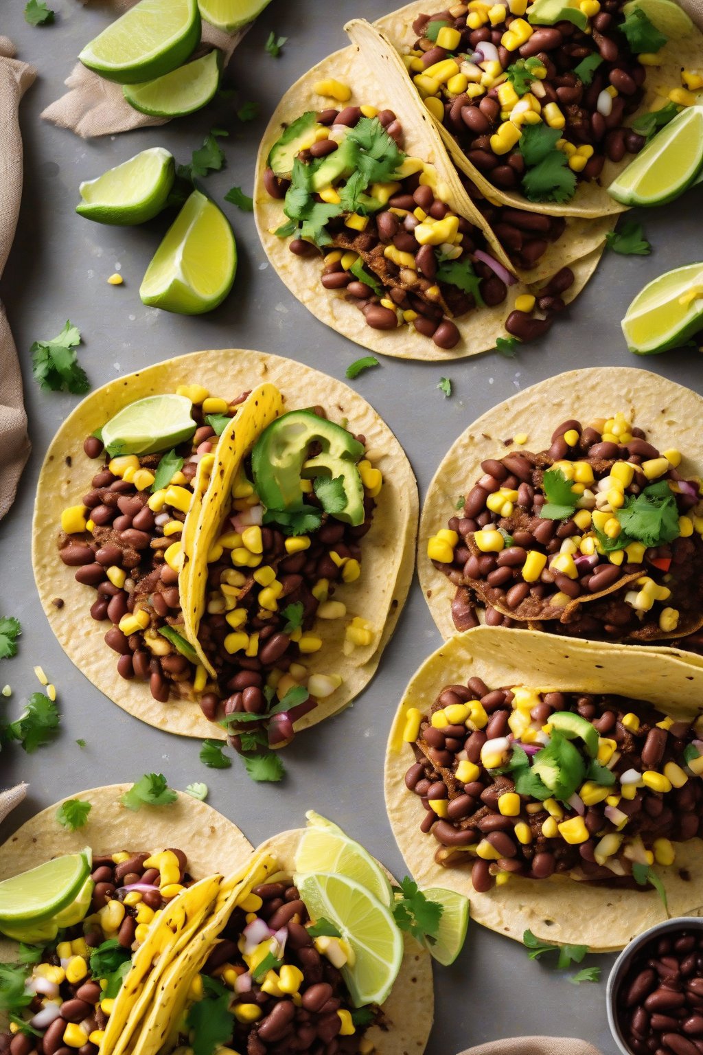 A high-resolution photo of cocoa vegan tacos with beans and corn under soft lighting.
