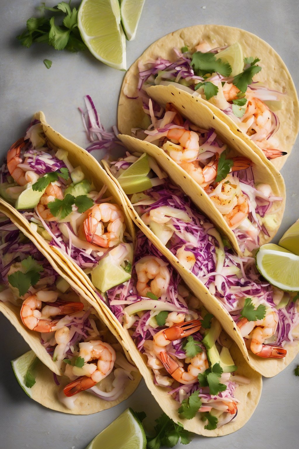 A high-resolution photo of seafood shrimp tacos with cabbage slaw under soft lighting.