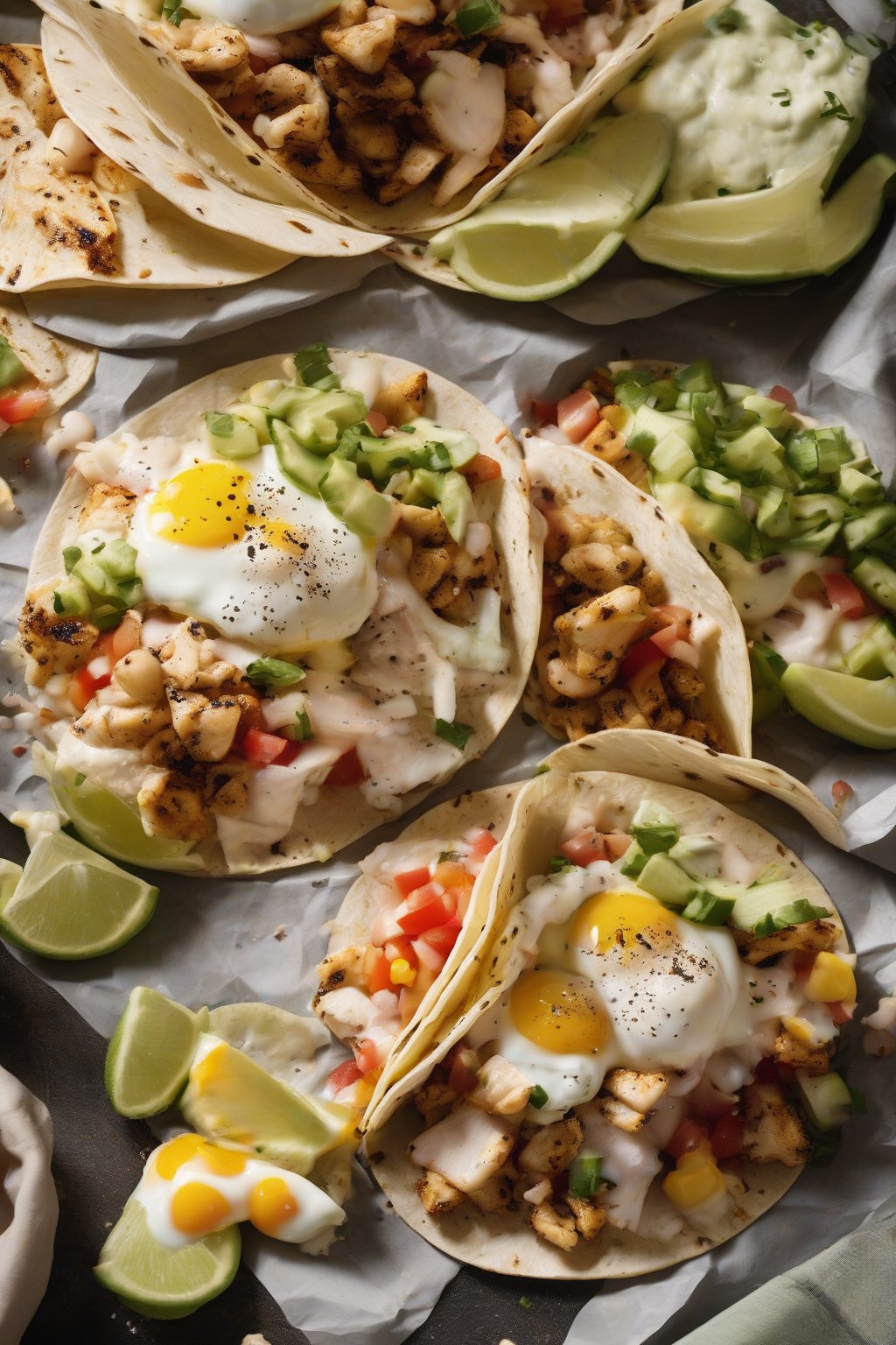 A high-resolution photo of everything bagel chicken tacos with eggs under soft lighting.
