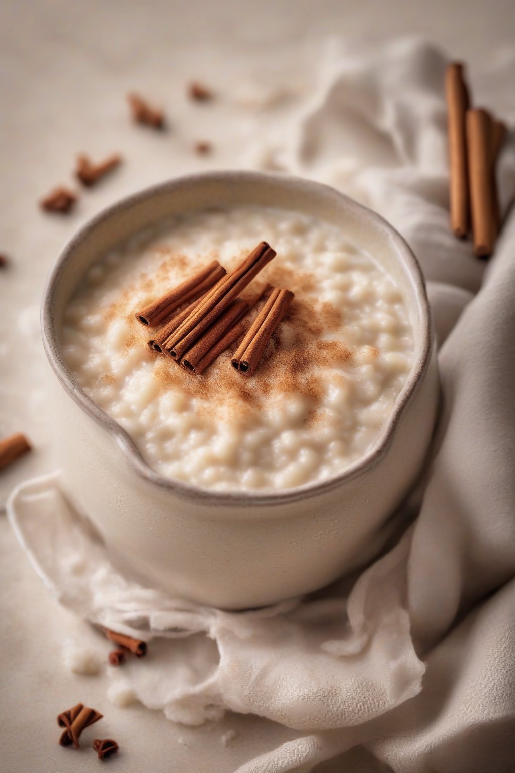 A high-resolution photo of a bowl of creamy classic rice pudding topped with ground cinnamon under soft lighting.