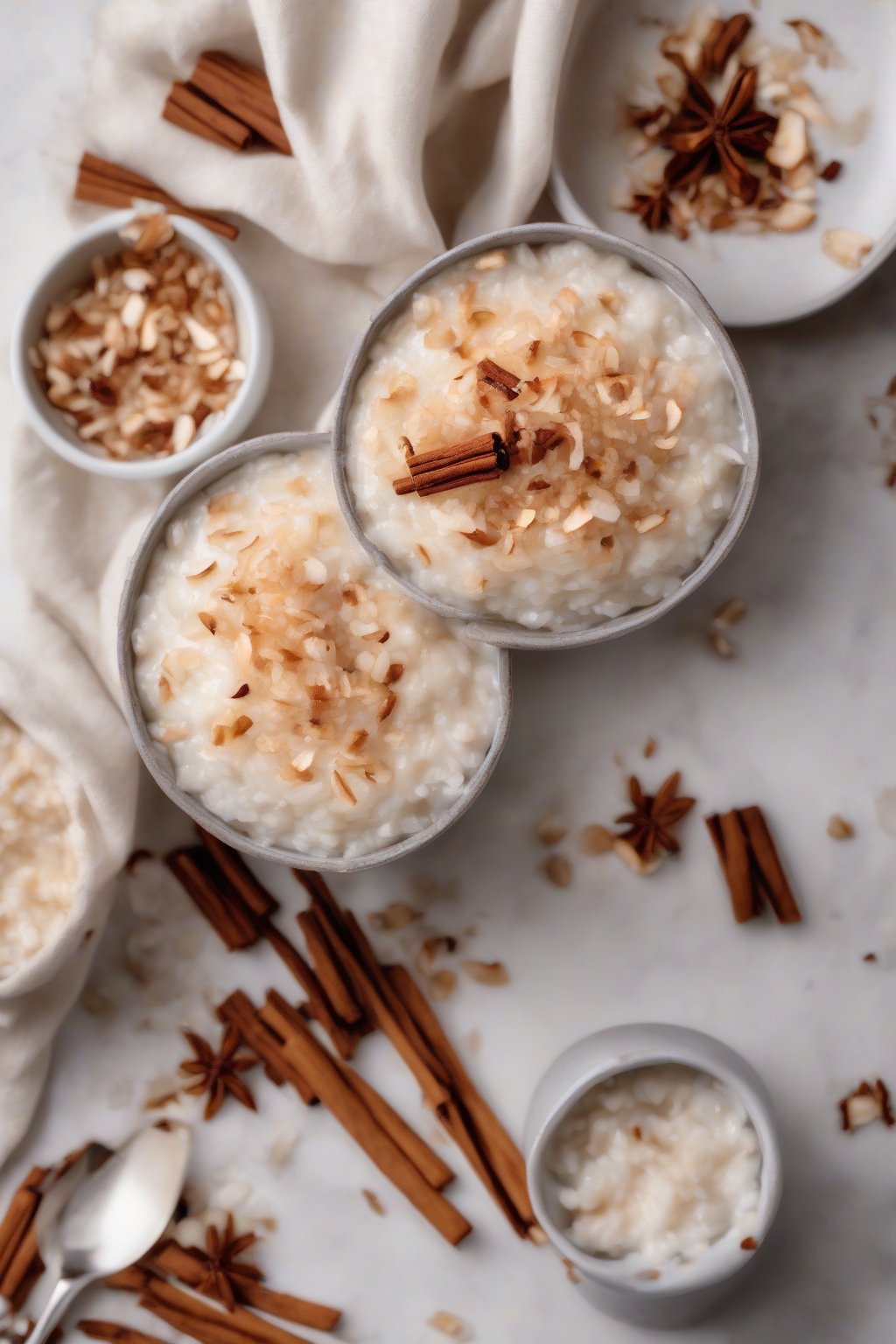 A high-resolution photo of vegan coconut rice pudding garnished with toasted coconut flakes and cinnamon under soft lighting.